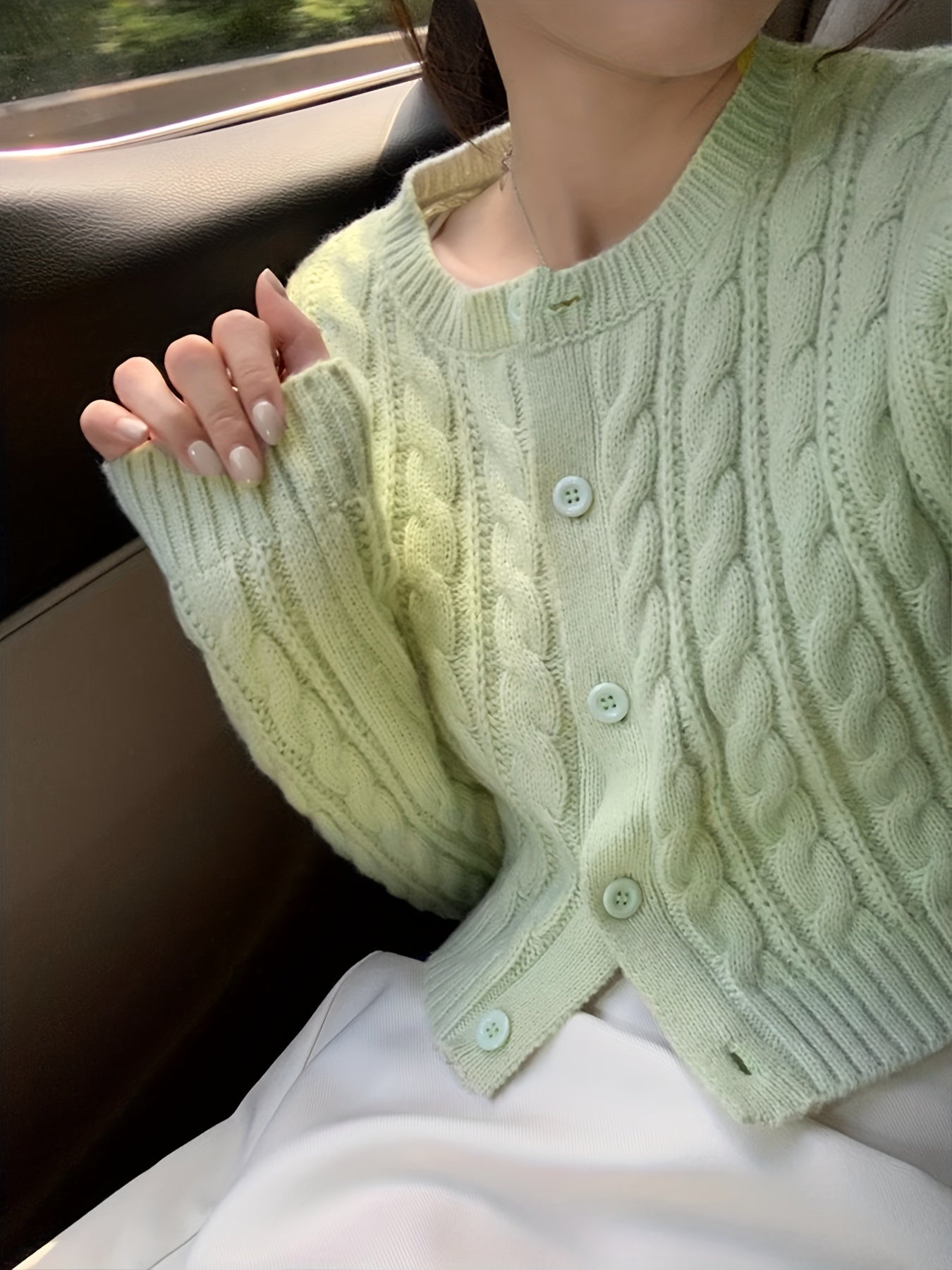 Antmvs Y2K Solid Button Up Cable Knit Cardigan, Casual Long Sleeve Crop Sweater, Women's Clothing