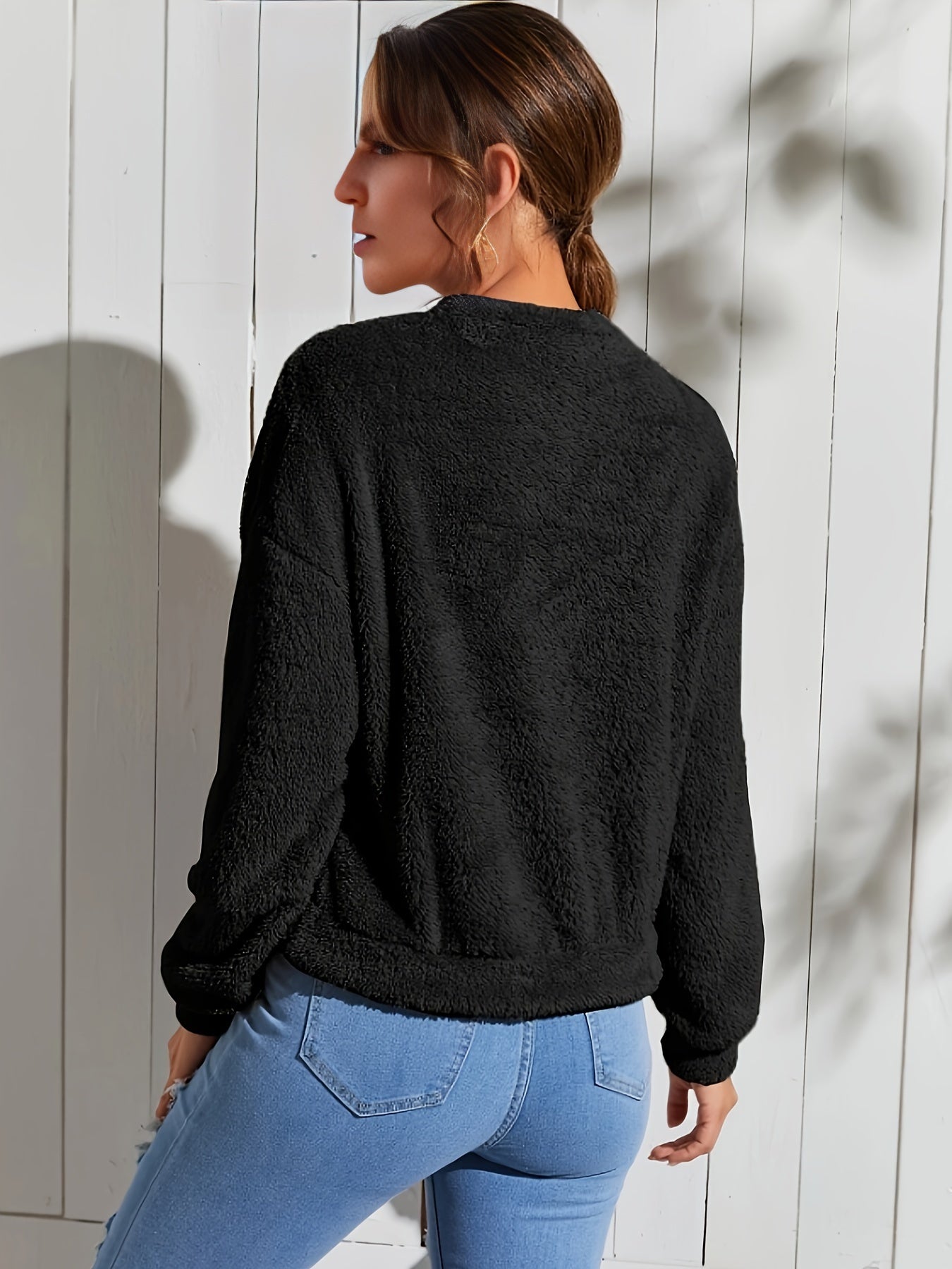 Antmvs Solid Color Drop Shoulder Crew Neck Plush Casual Pullover, Women's Sports Sweatshirt