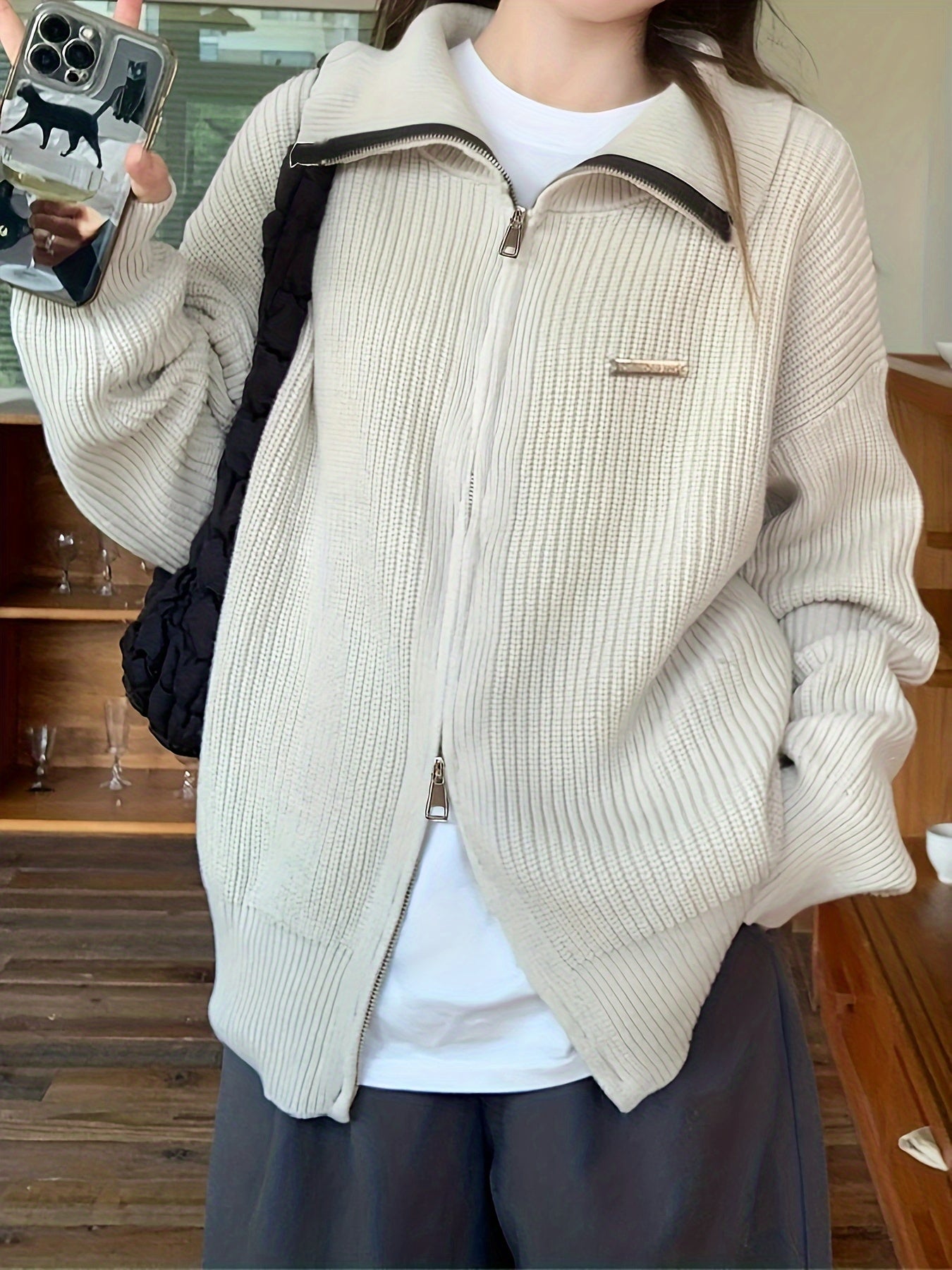 Antmvs Solid Zip Up Knit Cardigan, Casual Turndown Collar Long Sleeve Loose Sweater For Fall & Winter, Women's Clothing