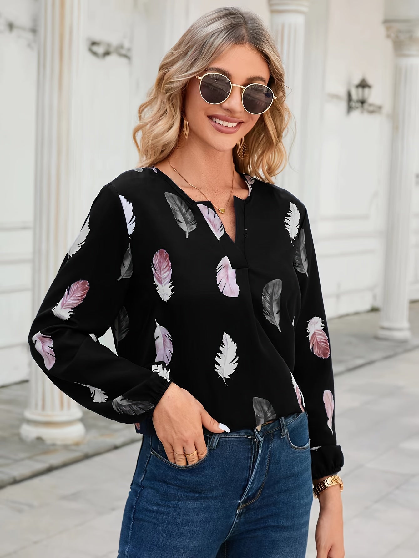 Antmvs Feather Print Blouse, Casual Notched Neck Long Sleeve Blouse, Women's Clothing