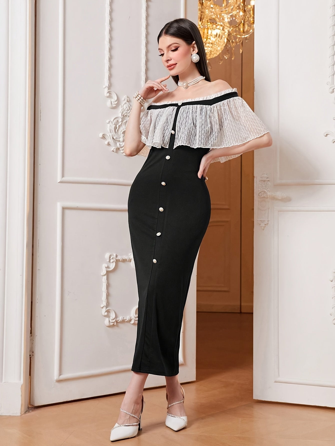 Antmvs Off-shoulder Lace Cape Dress, Chic Split Hem Slim Dress For Spring & Summer, Women's Clothing