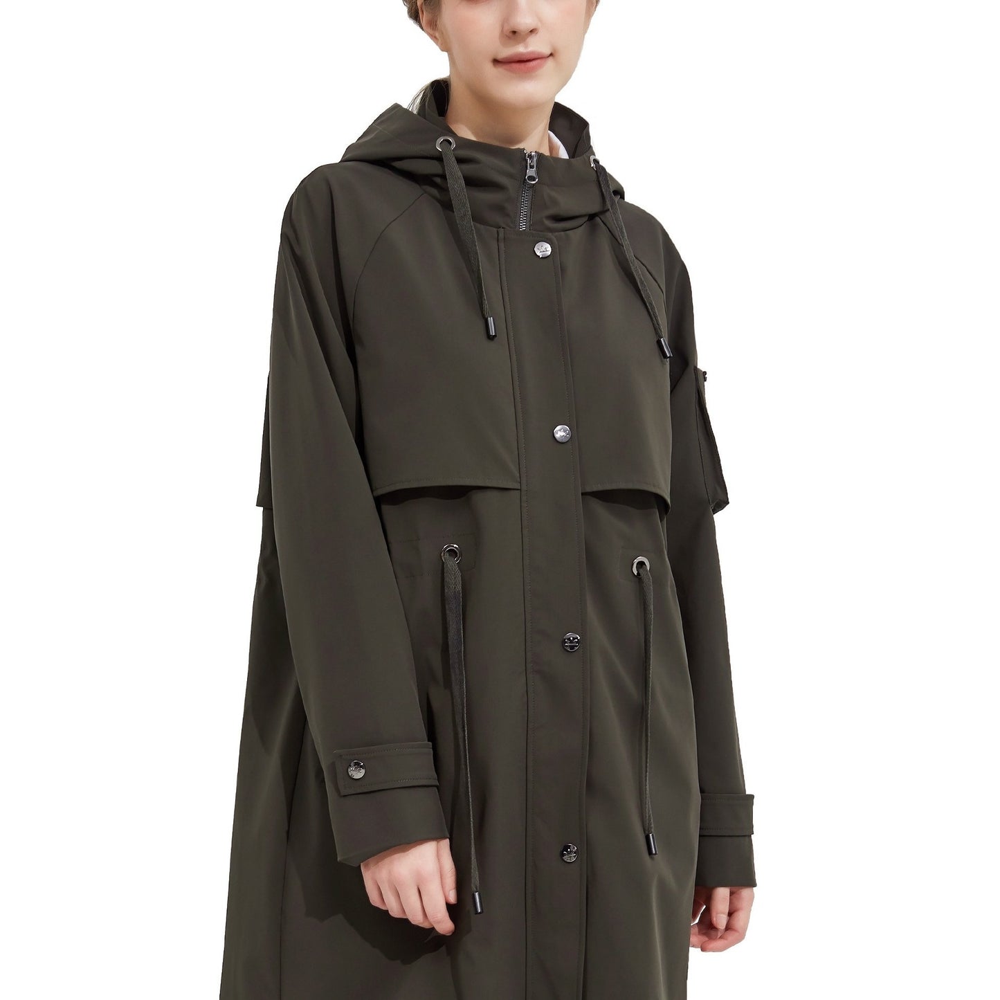 Antmvs Drawstring Hooded Coat, Casual Solid Button Front Long Sleeve Outerwear, Women's Clothing