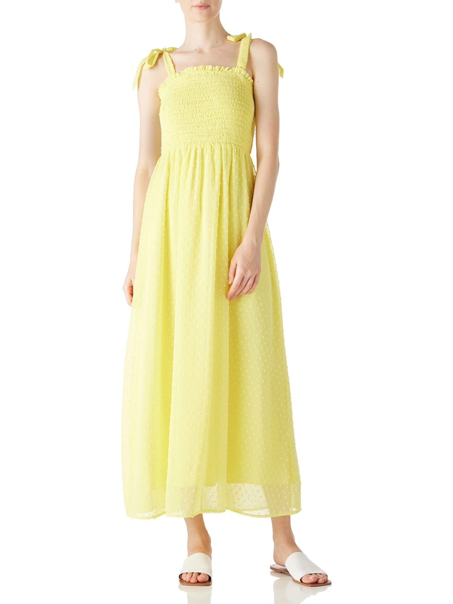 Antmvs Swiss Dot Tie Strap Shirred Dress, Elegant Backless Ruffle Trim Dress, Women's Clothing