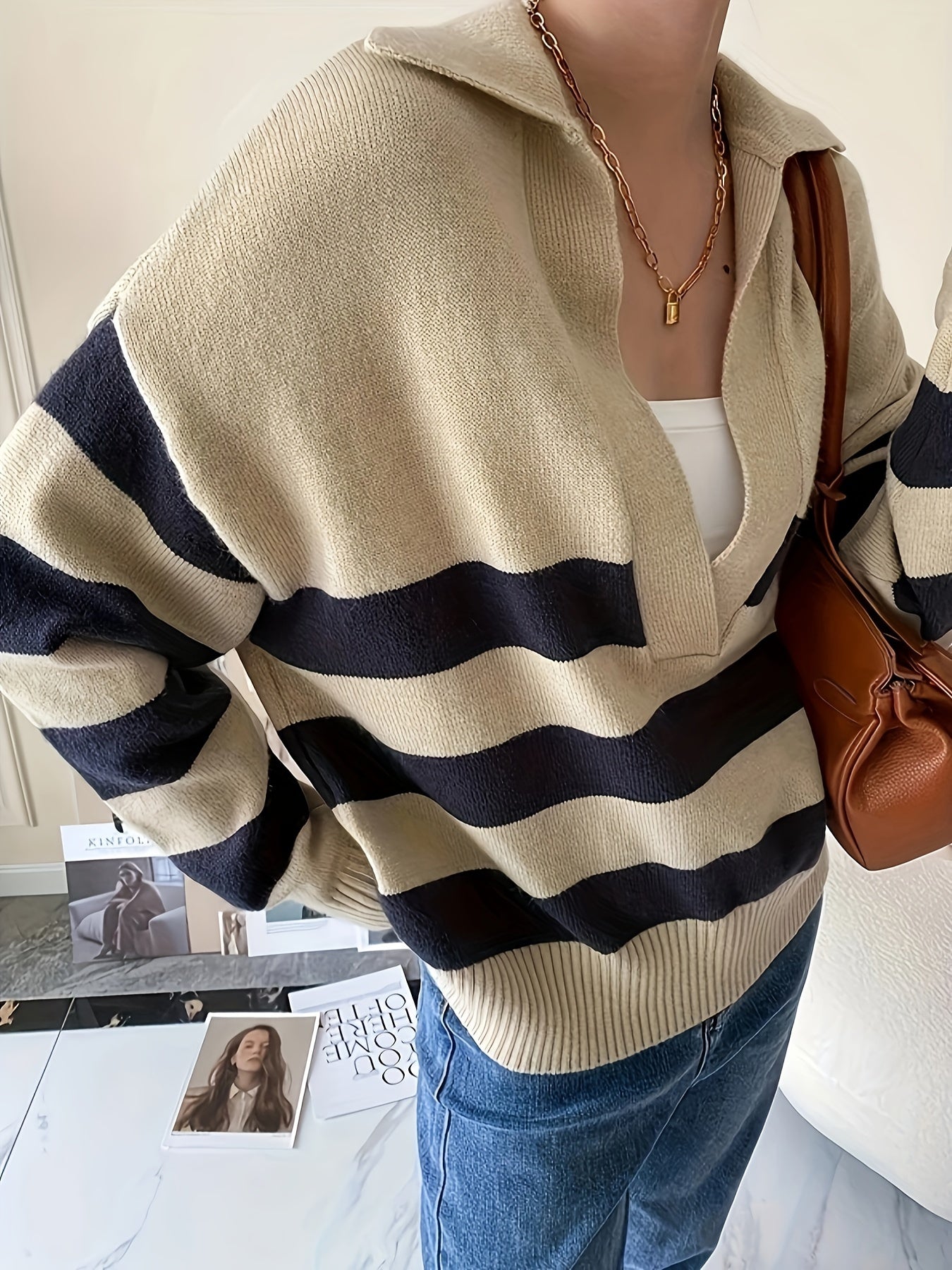 Antmvs Striped V Neck Pullover Sweater, Casual Long Sleeve Drop Shoulder Sweater, Women's Clothing