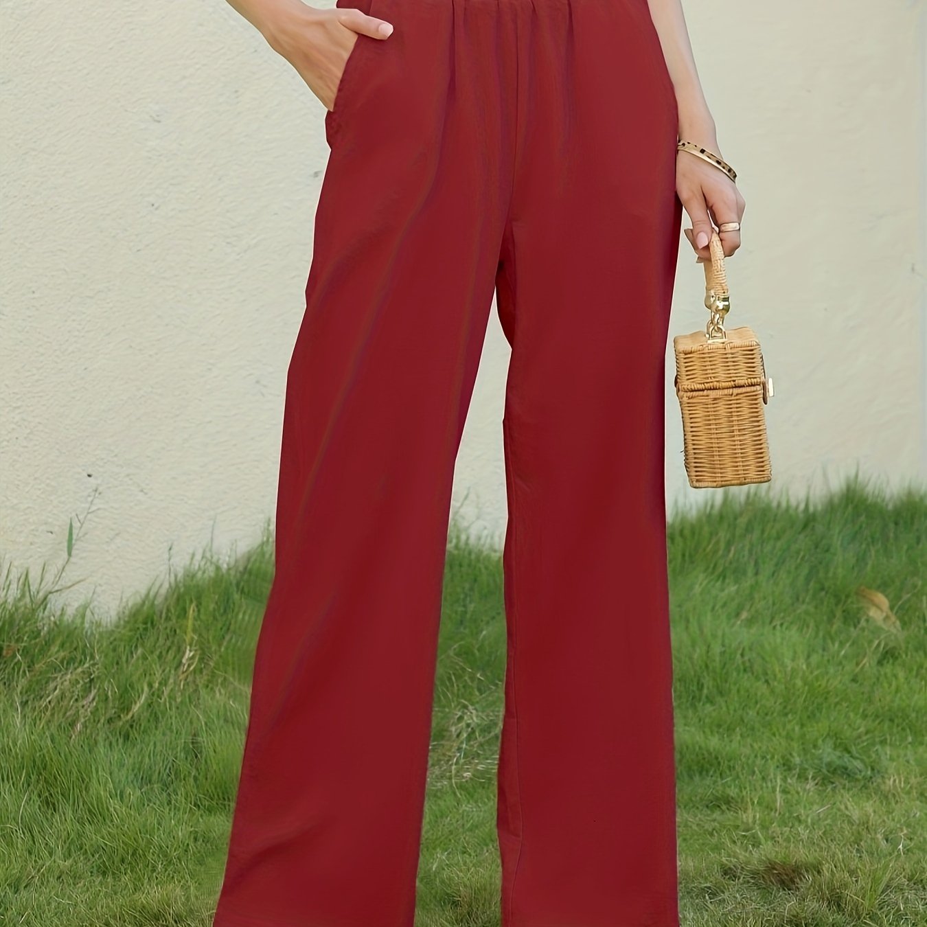 Antmvs Solid Wide Leg Elastic Waist Pants, Casual Dual Pockets Loose Pants, Women's Clothing
