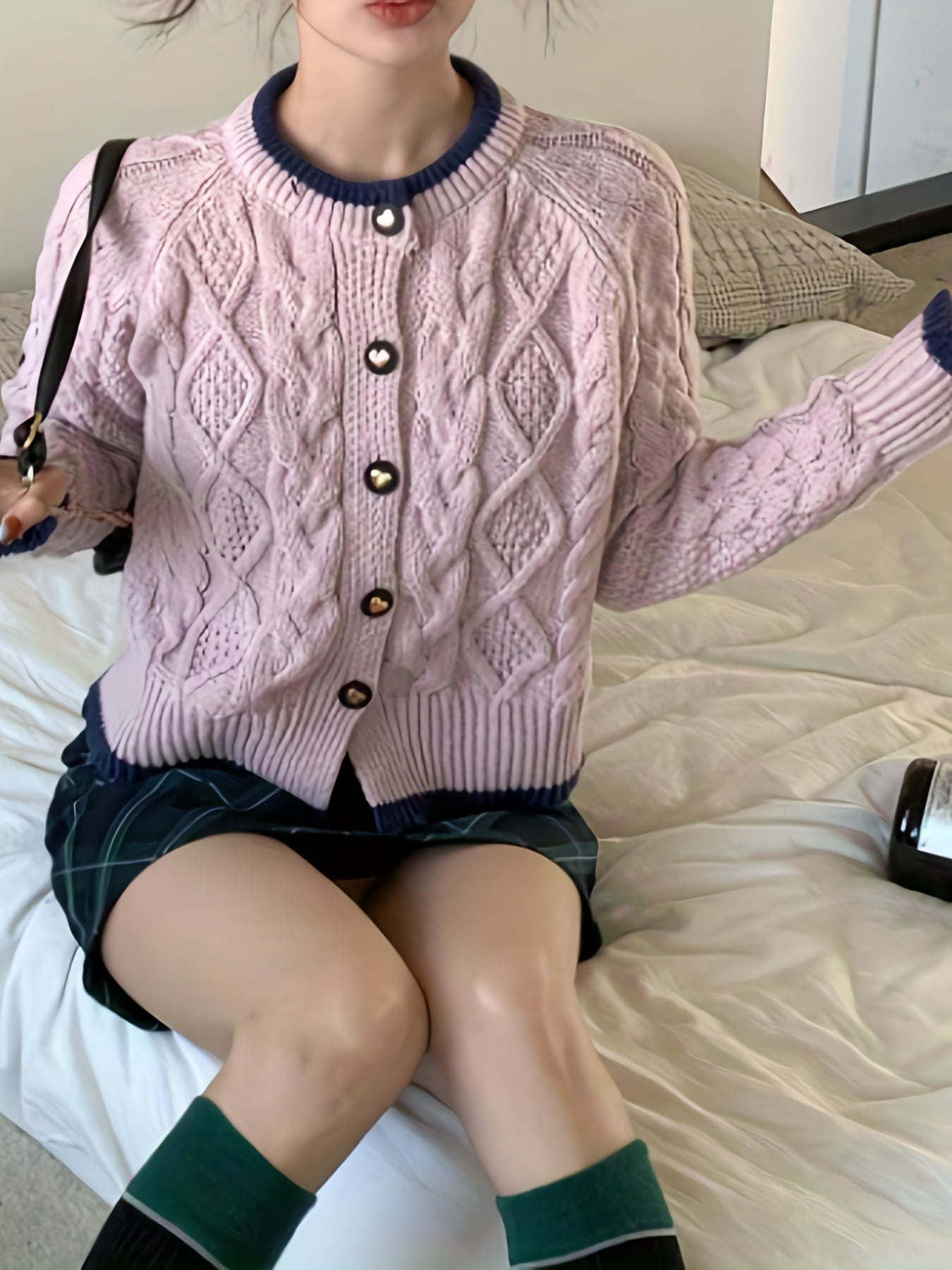 Antmvs Contrast Trim Button Up Cable Knit Cardigan, Casual Long Sleeve Sweater Outwear, Women's Clothing