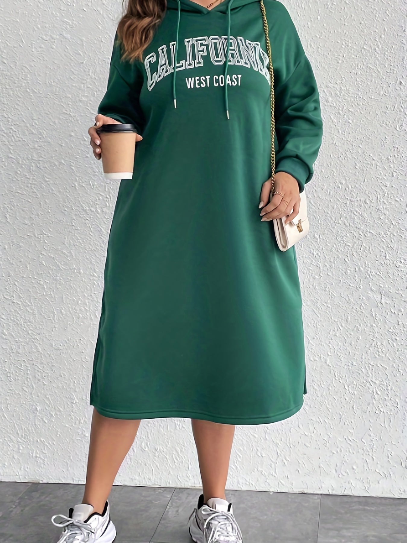Antmvs Plus Size Casual Hoodie Dress, Women's Plus Letter Print Long Sleeve Drawstring Split Hoodie Dress