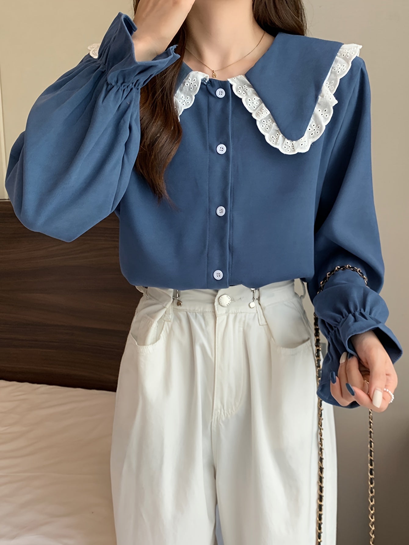 Antmvs Eyelet Lace Stitching Peter Pan Collar Shirt, Sweet Long Sleeve Button Front Shirt For Spring & Fall, Women's Clothing