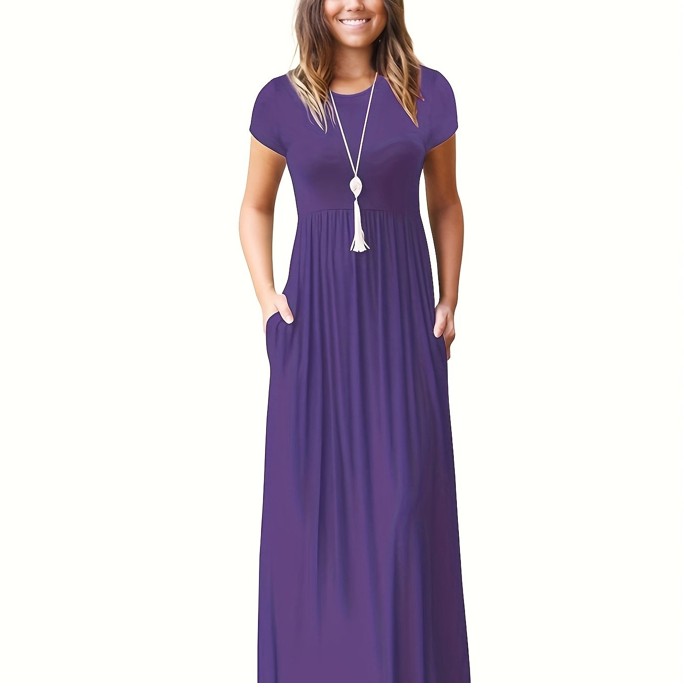 Antmvs Pleated Maxi Dress, Casual Crew Neck Short Sleeve Dress With Pockets, Women's Clothing