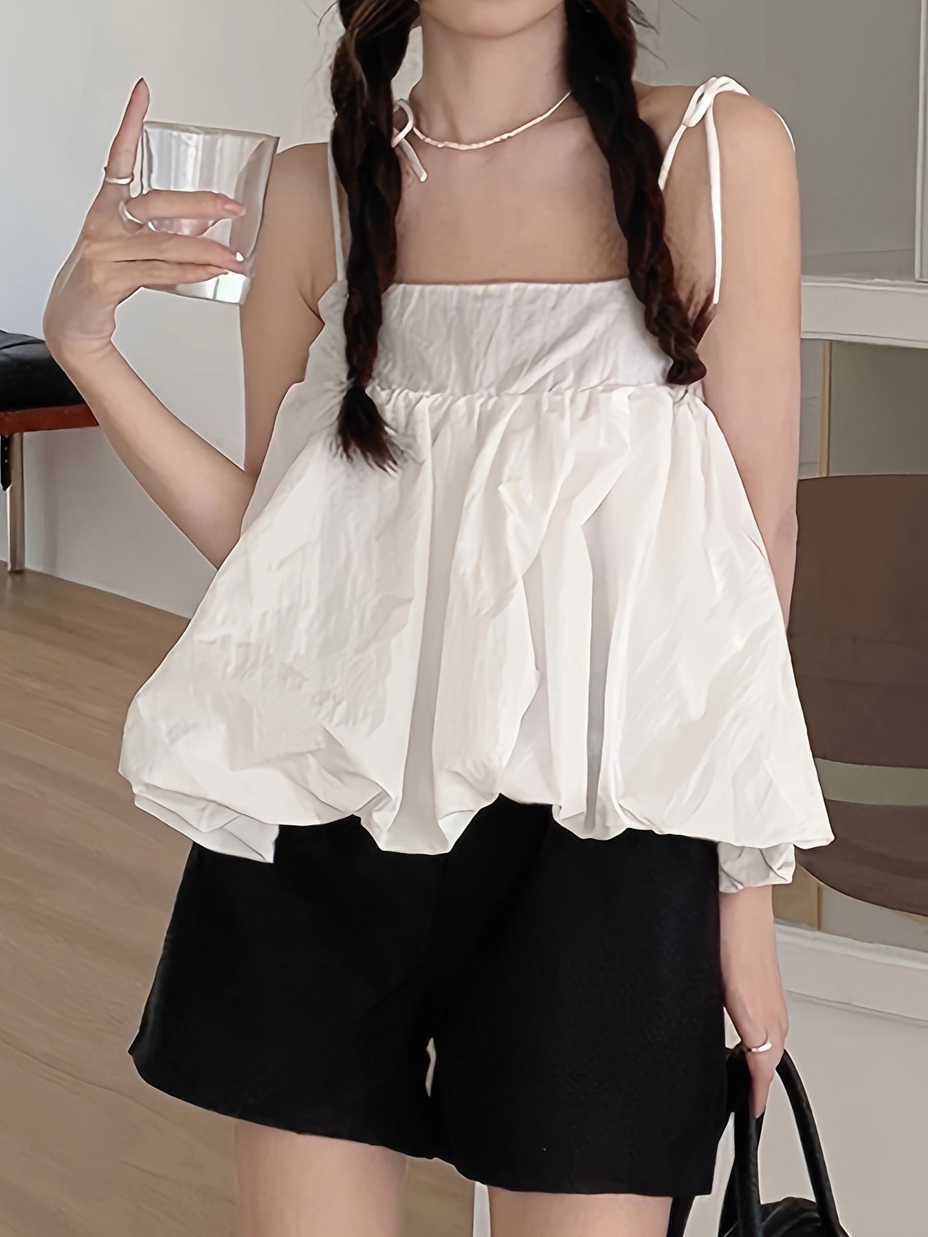 Antmvs Solid Color Knot Strap Flare Top, Casual Sleeveless Straight Neck Cami Top For Summer, Women's Clothing