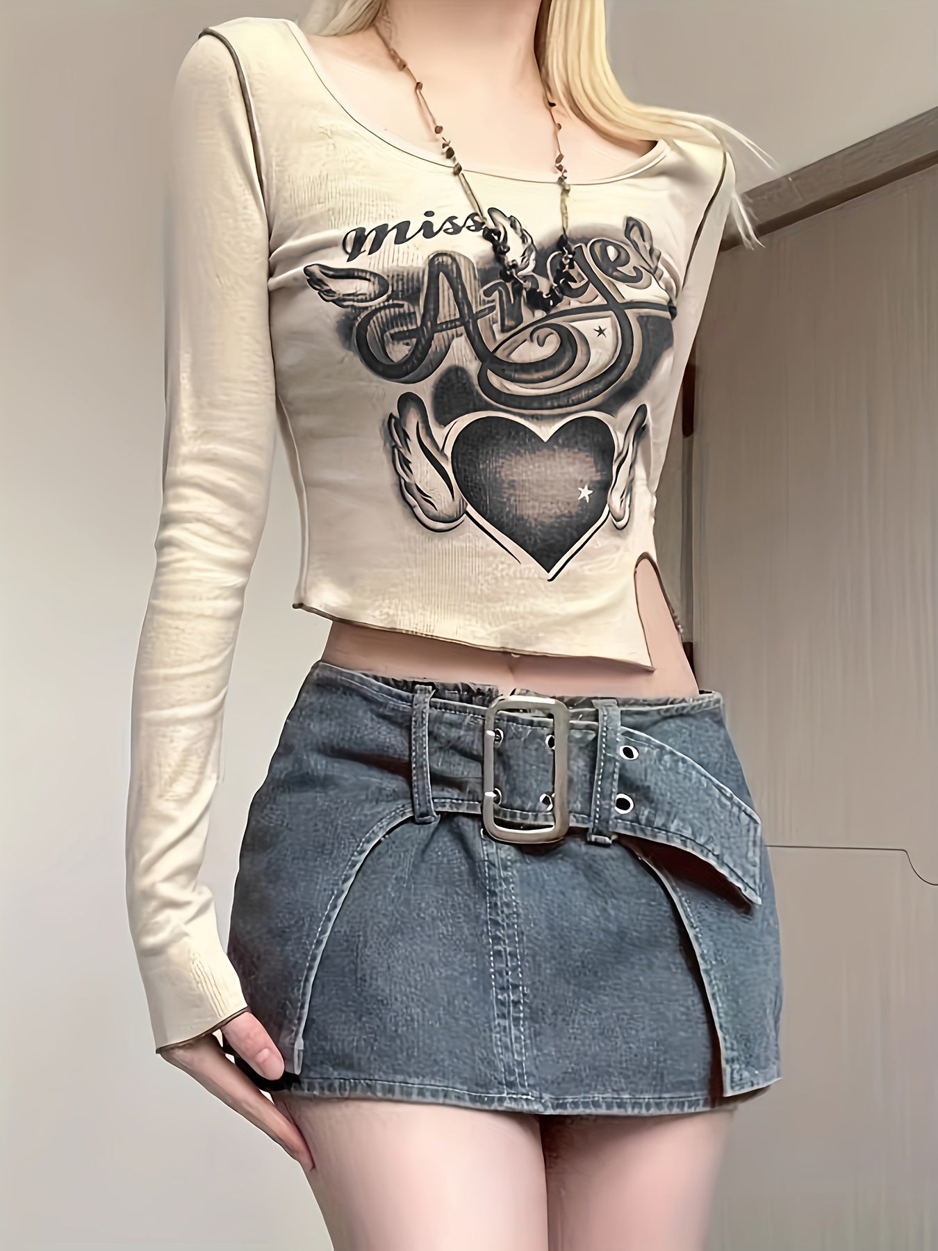 Antmvs Heart & Letter Print Notch Hem T-Shirt, Y2K Long Sleeve Top For Spring & Fall, Women's Clothing