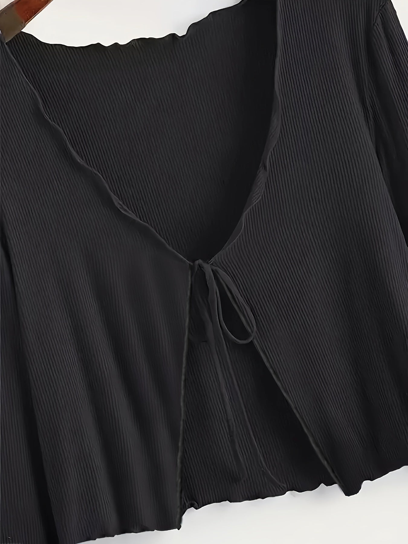Antmvs Solid Tied Front Crop Cardigan, Casual Lettuce Trim Long Sleeve Cardigan, Women's Clothing