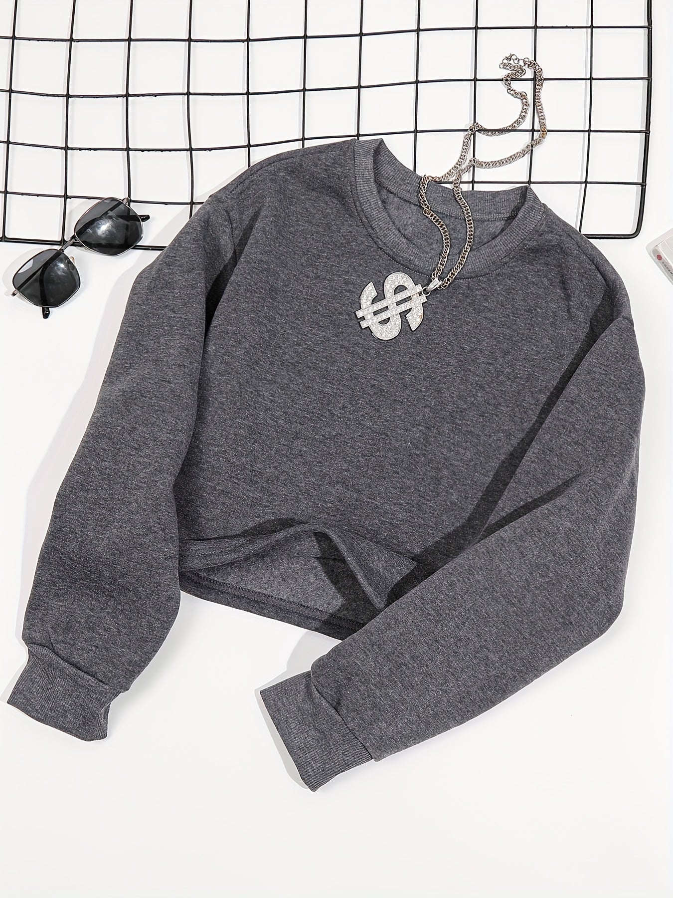 Antmvs 2pcs Long Sleeve Casual Sports Sets, Fleece Liner Crew Neck Pullover Sweatshirt & Casual Loose Sweatpants, Women's Activewear