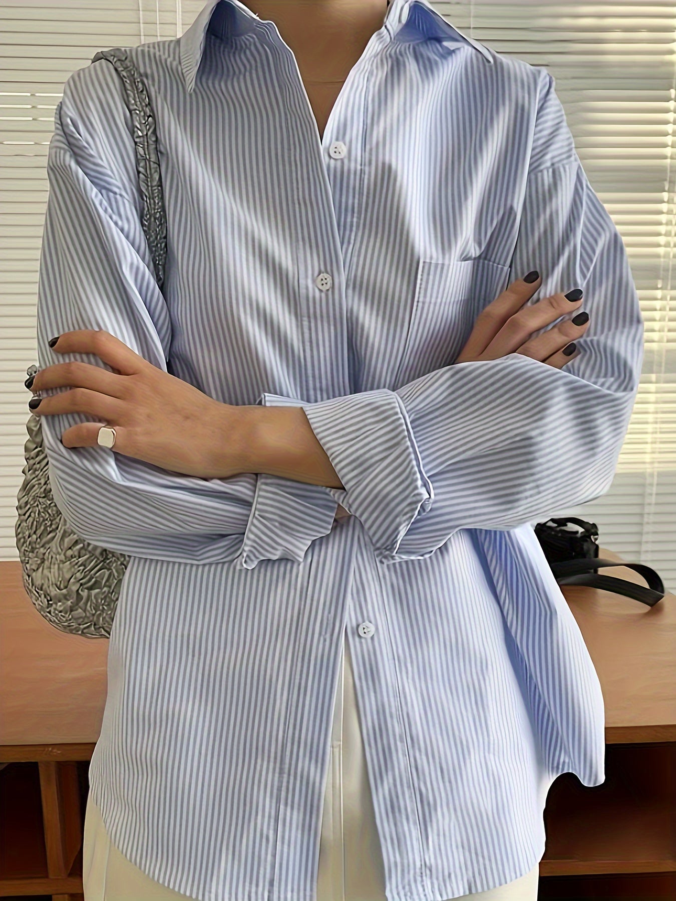 Antmvs Striped Print Patched Pocket Shirt, Vintage Long Sleeve Drop Shoulder Shirt, Women's Clothing
