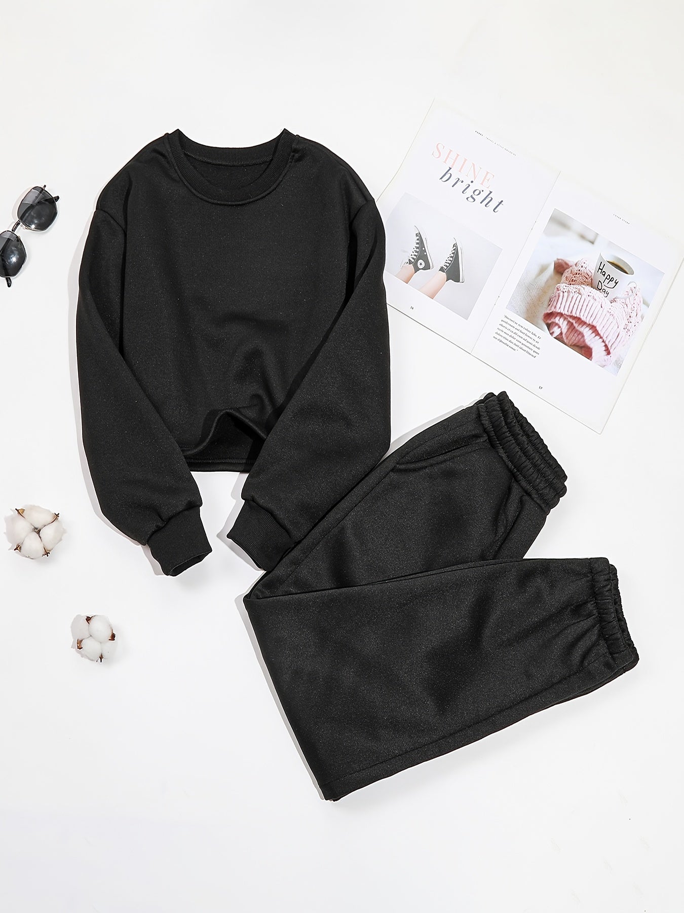 Antmvs 2pcs Long Sleeve Casual Sports Sets, Fleece Liner Crew Neck Pullover Sweatshirt & Casual Loose Sweatpants, Women's Activewear
