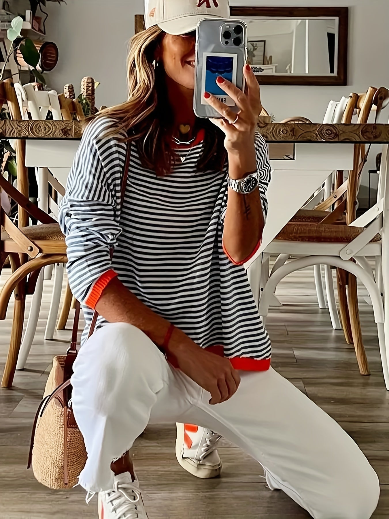Antmvs Striped Print Crew Neck Knit Sweater, Casual Long Sleeve Versatile Sweater, Women's Clothing