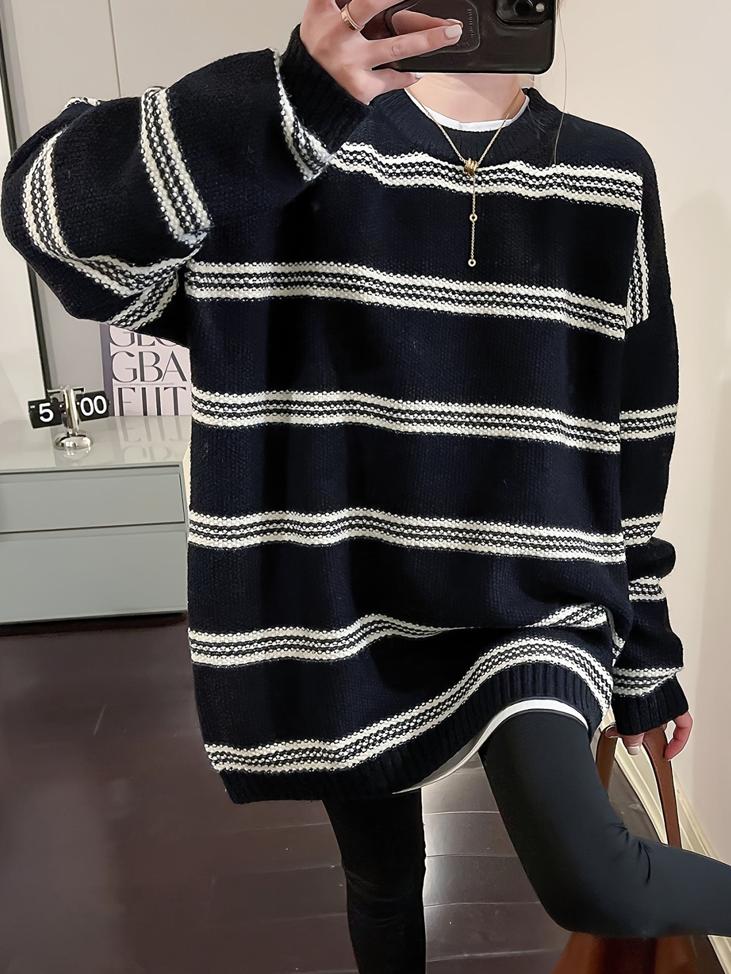 Antmvs Striped Crew Neck Pullover Sweater, Vintage Long Sleeve Oversized Slouchy Sweater, Women's Clothing