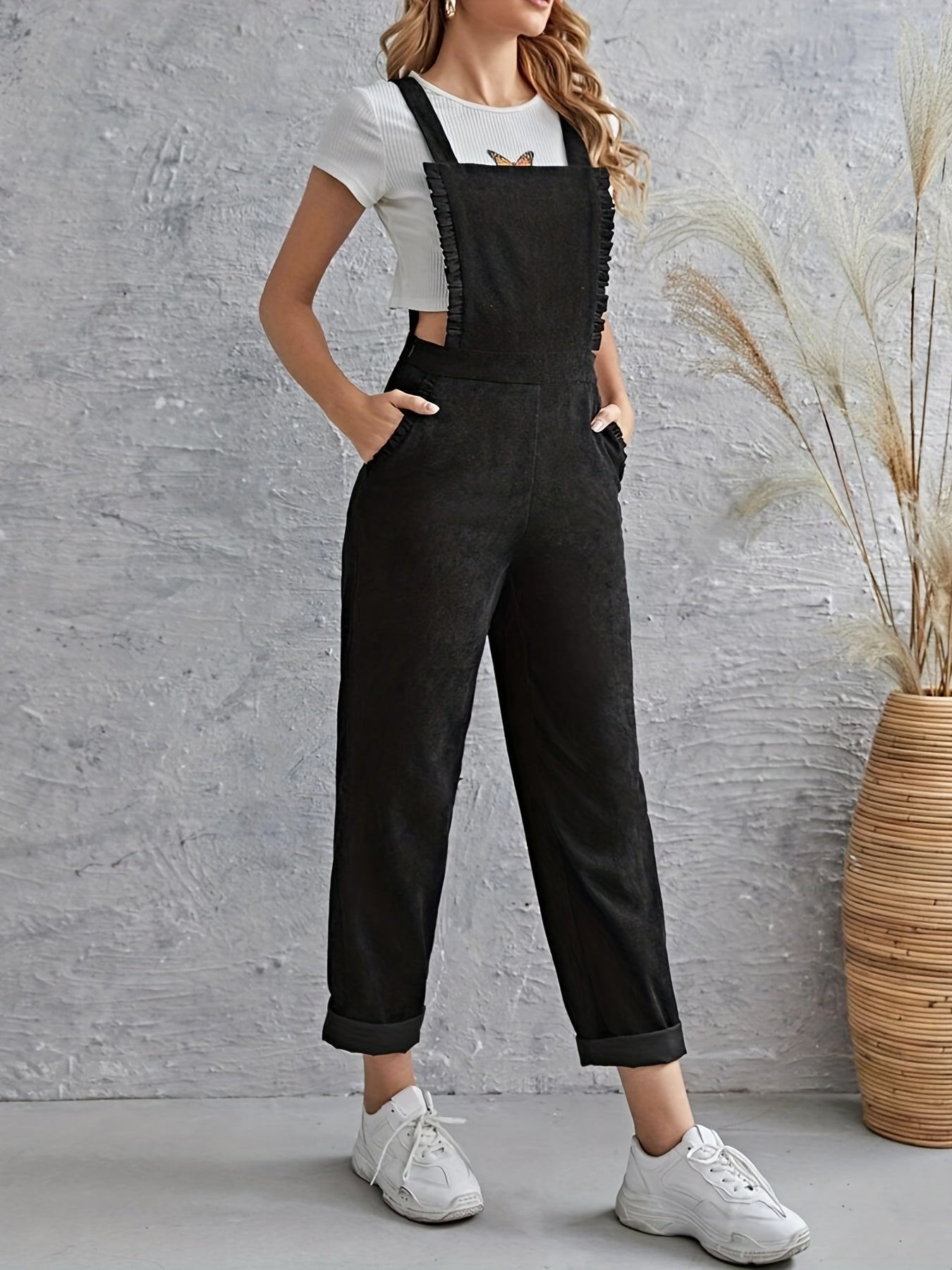 Antmvs Solid Ruffle Trim Overall Jumpsuit, Versatile Slant Pockets Corduroy Jumpsuit For Spring & Fall, Women's Clothing