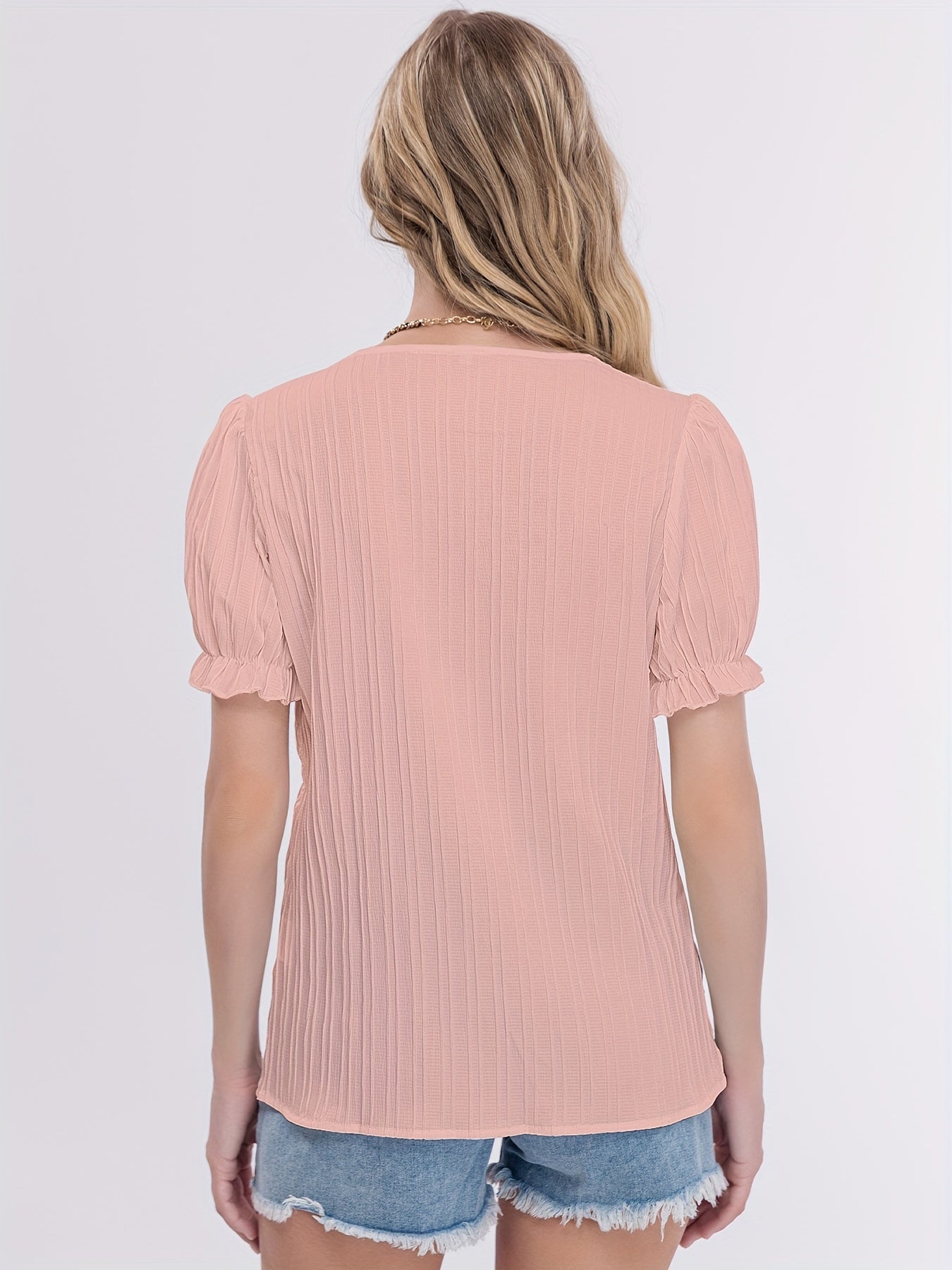 Antmvs Striped Solid Blouse, V Neck Casual Short Sleeve Versatile Blouse, Women's Clothing
