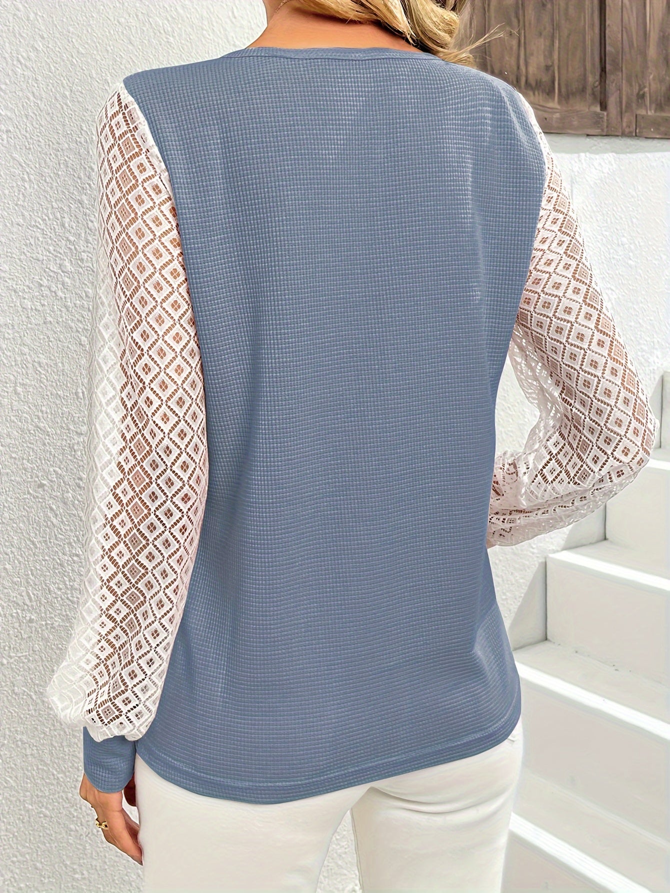 Antmvs Contrast Lace Notched Neck Blouse, Casual Long Sleeve Blouse With Buttons, Women's Clothing