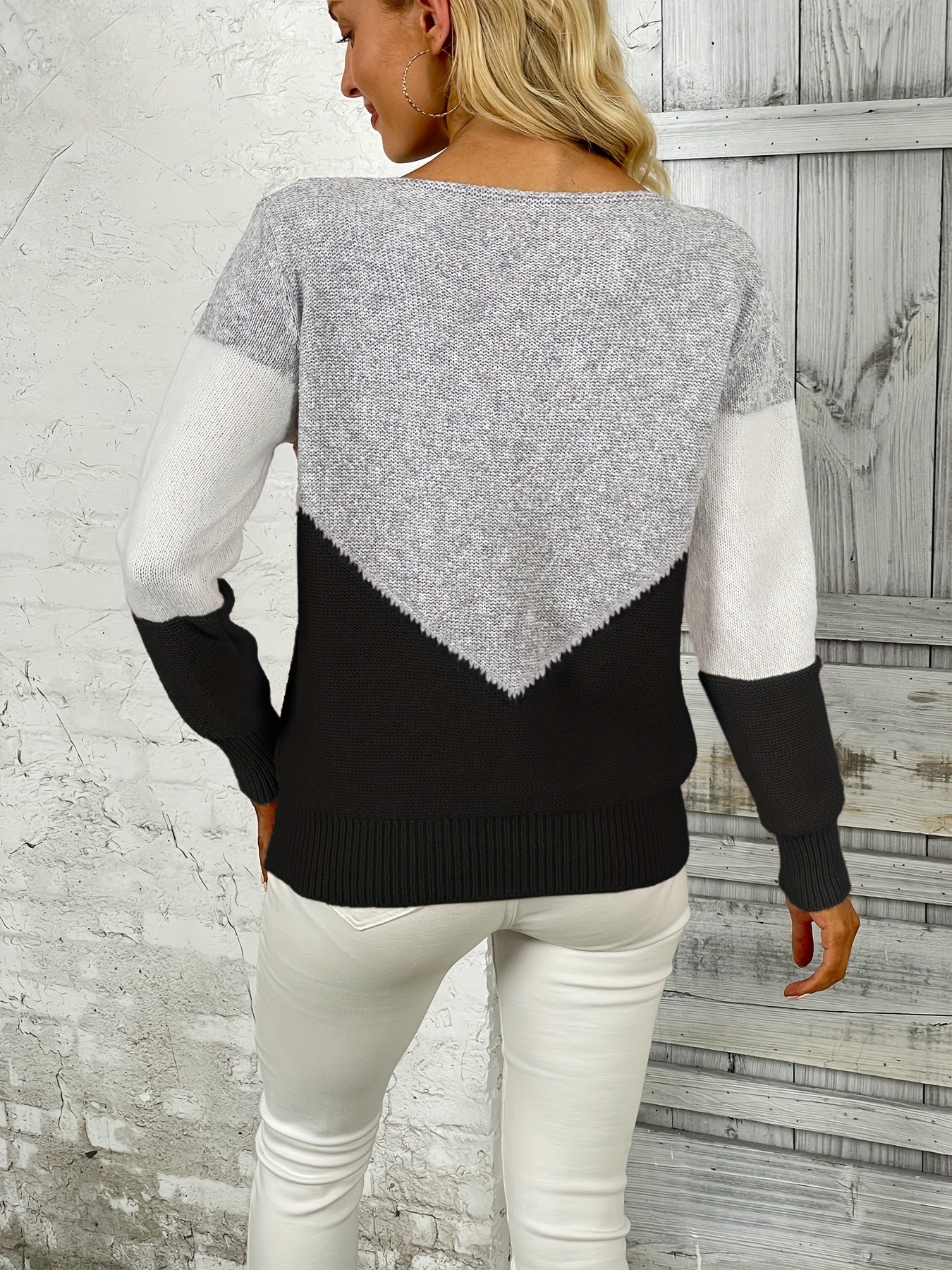 Antmvs Color Block Hollow Knit Sweater, Casual Boat Neck Long Sleeve Sweater, Women's Clothing