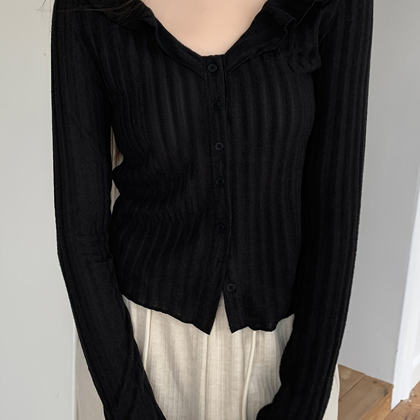 Antmvs Solid Button Down Slim Knit Cardigan, Casual Collared Lettuce Trim Long Sleeve Thin Top, Women's Clothing