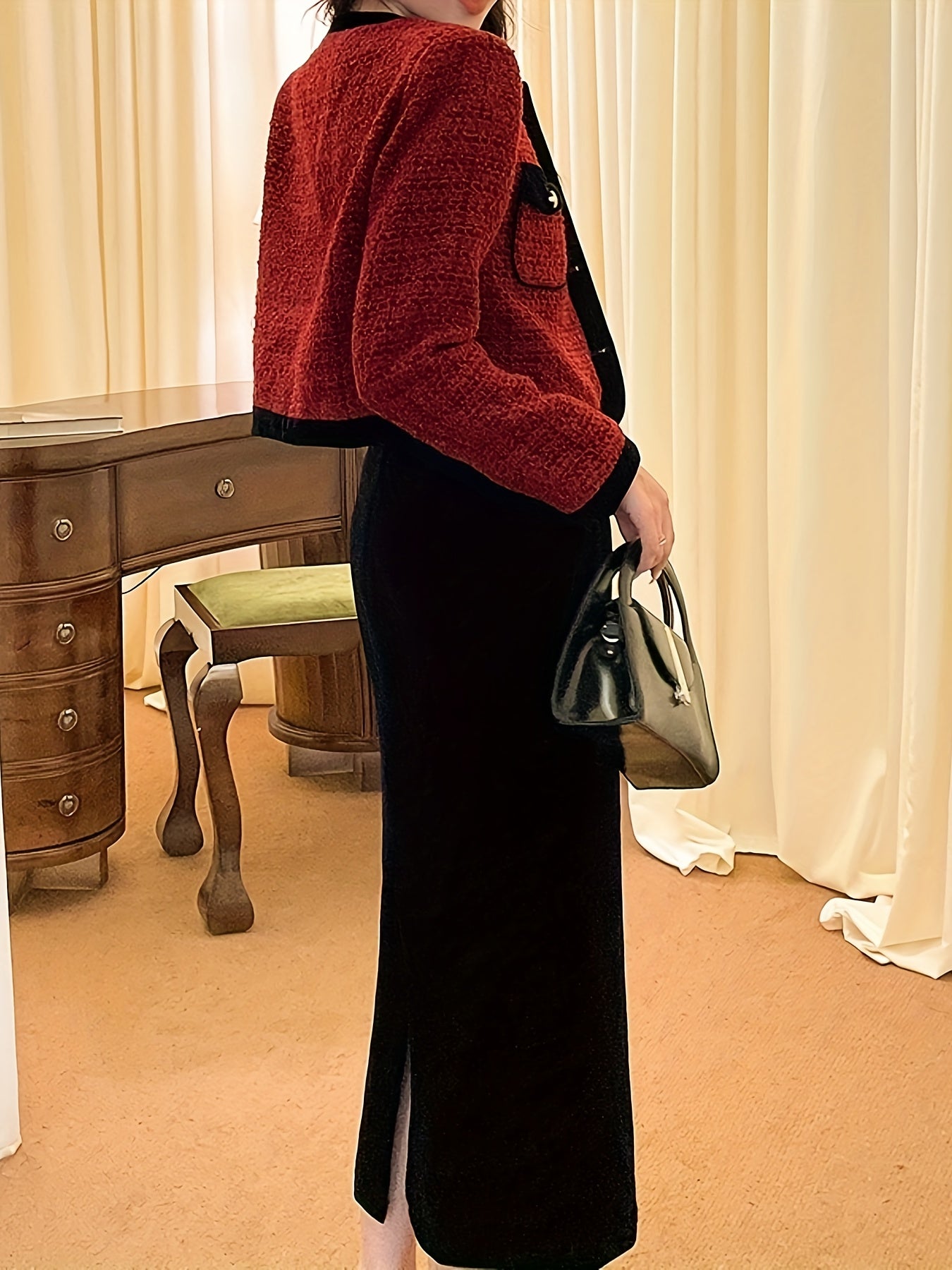 Antmvs Elegant Work Two-piece Set, Button Front Long Sleeve Tops & Solid Split Skirts Outfits, Women's Clothing