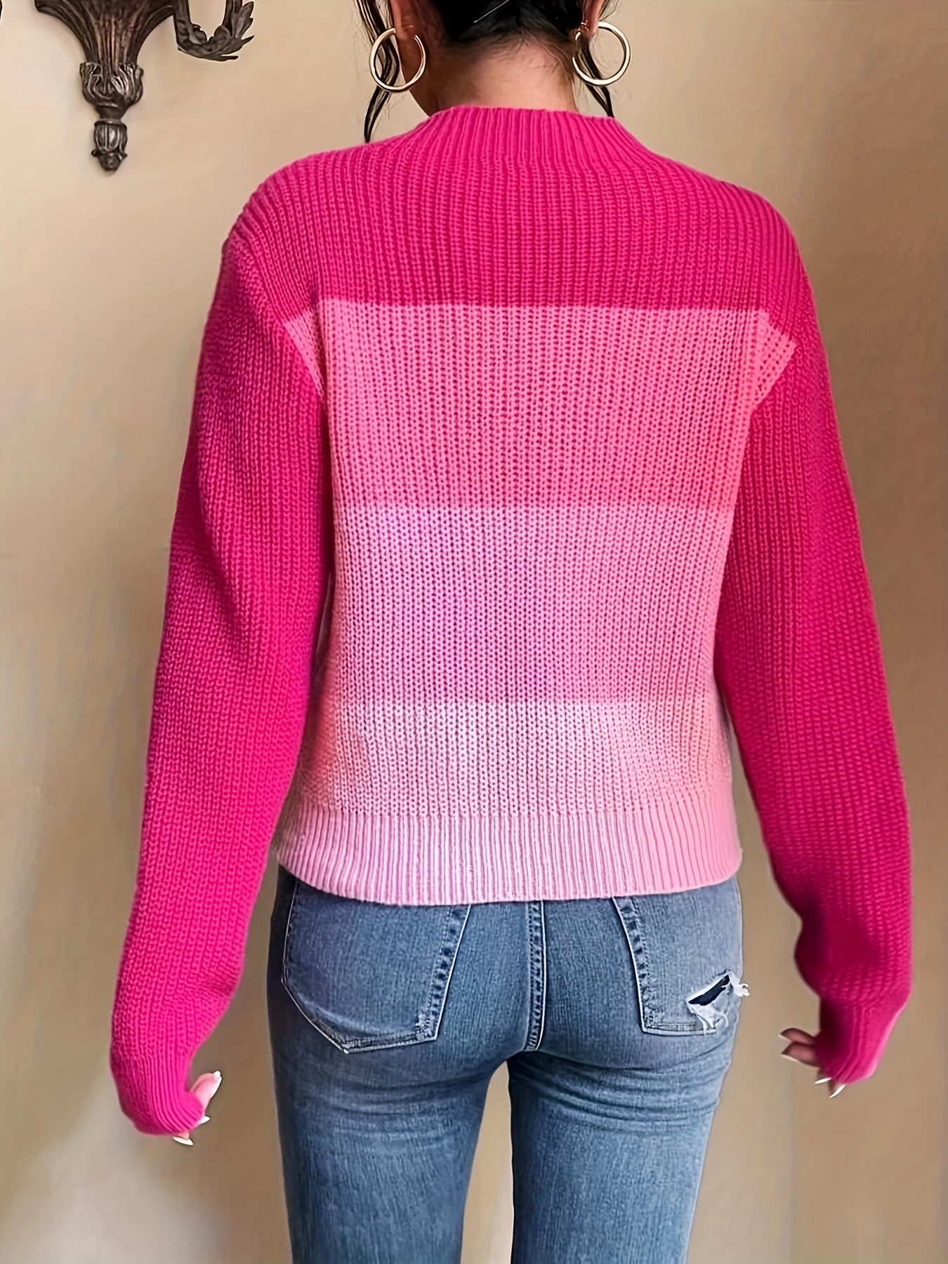 Antmvs Color Block Mock Neck Pullover Sweater, Casual Long Sleeve Loose Sweater, Women's Clothing