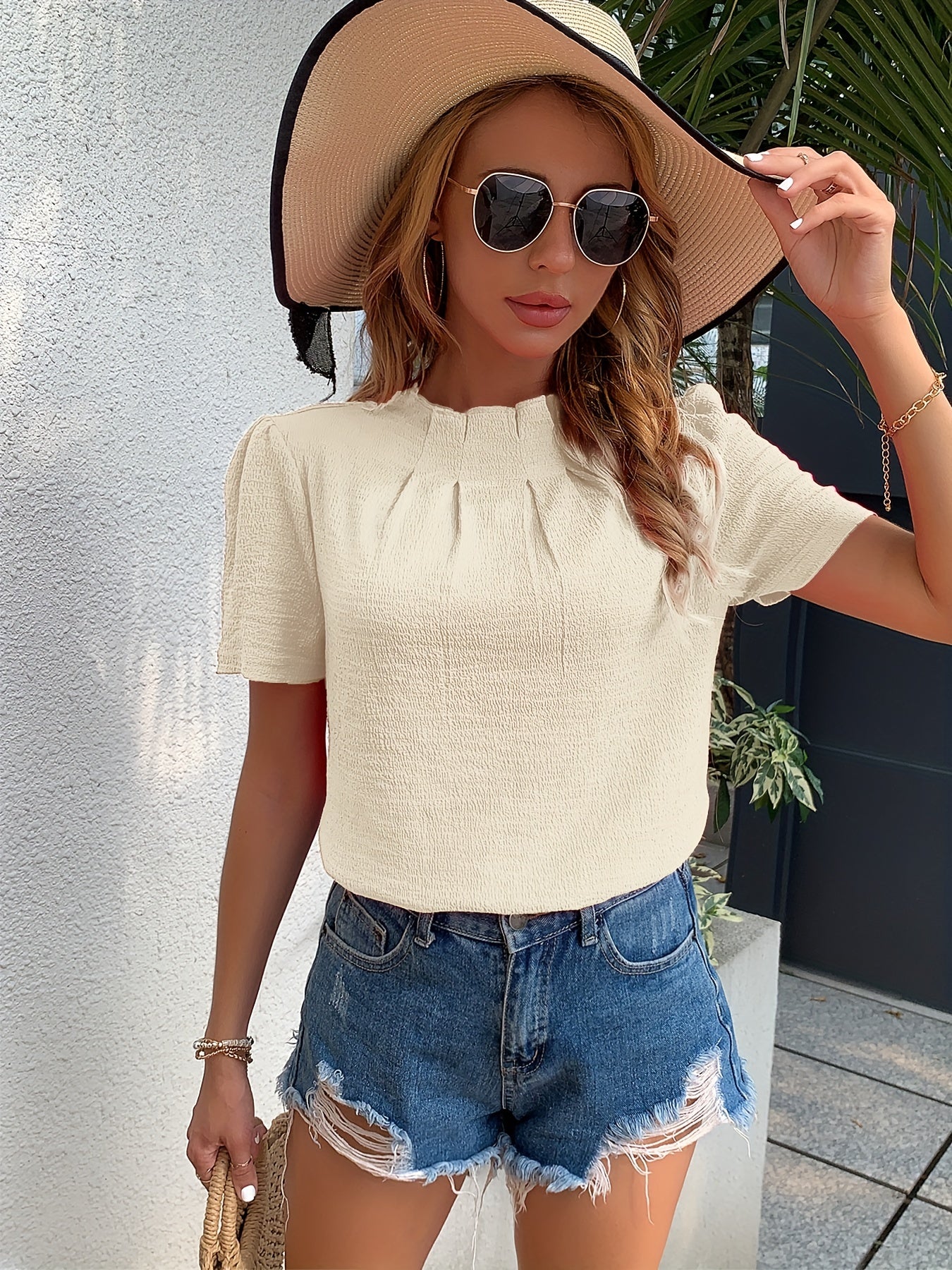 Antmvs Ruched Keyhole Blouse, Elegant High Neck Keyhole Short Sleeve Blouse, Women's Clothing