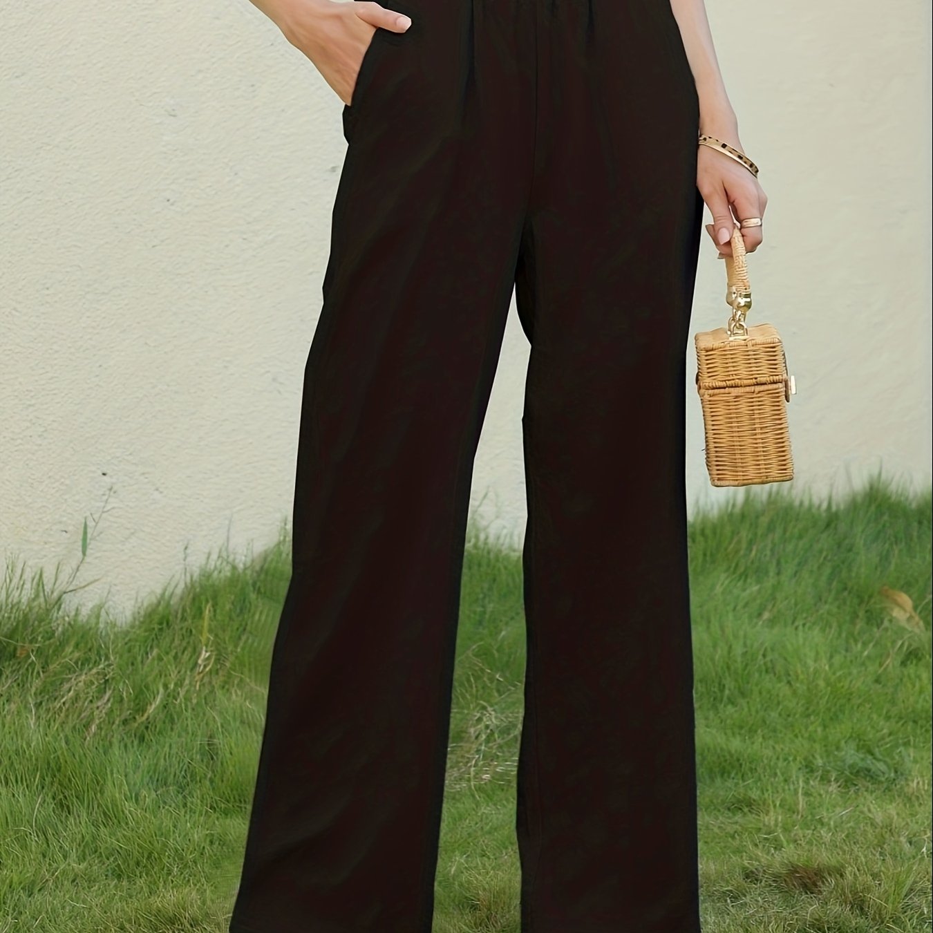 Antmvs Solid Wide Leg Elastic Waist Pants, Casual Dual Pockets Loose Pants, Women's Clothing