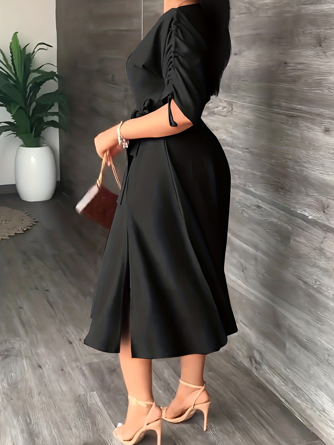 Antmvs Drawstring Off Shoulder Dress, Casual Short Sleeve Midi Dress, Women's Clothing