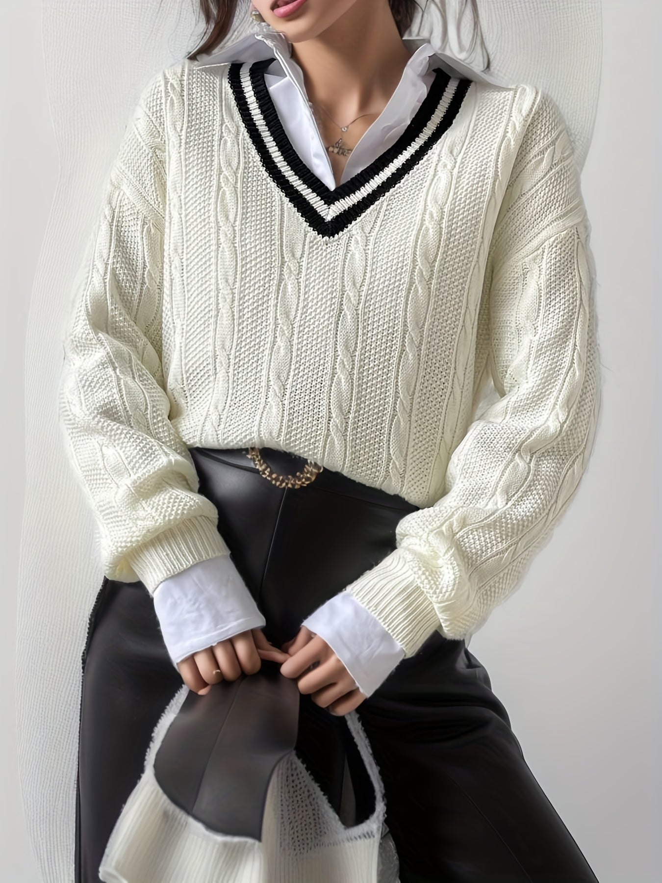 Antmvs V Neck Cable Knit Pullover Sweater, Casual Long Sleeve Drop Shoulder Sweater, Women's Clothing