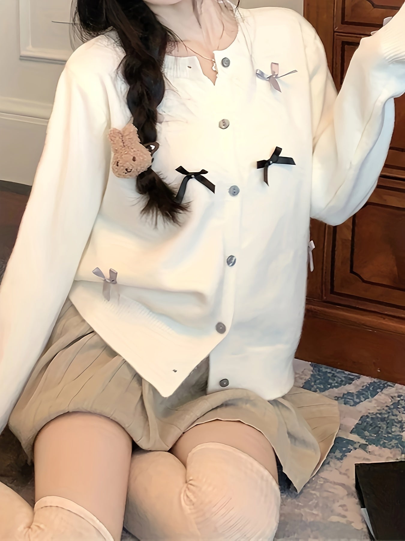 Antmvs Bow Decor Button Up Knit Cardigan, Casual Crew Neck Long Sleeve Sweater, Women's Clothing