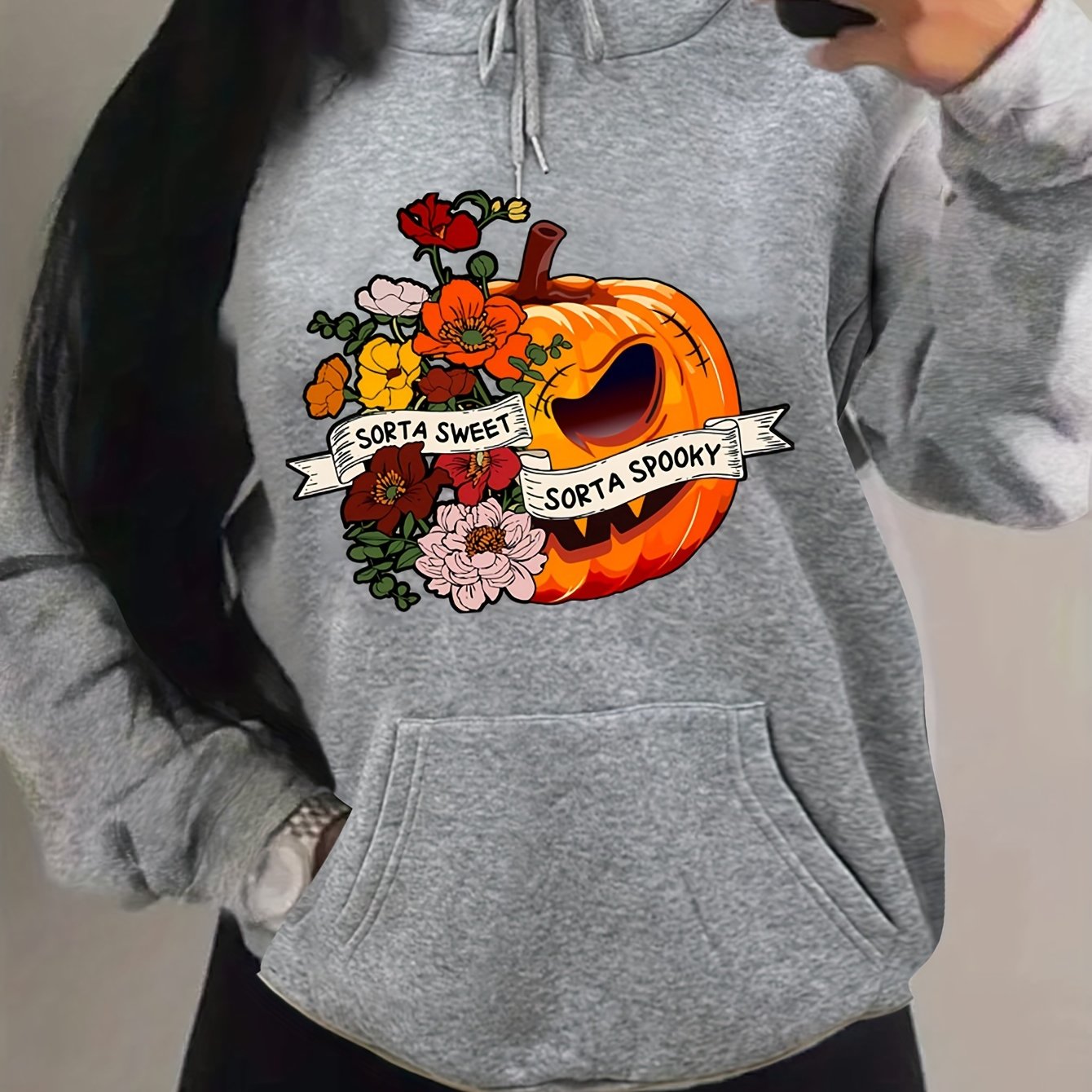 Antmvs Plus Size Halloween Casual Sweatshirt, Women's Plus Floral & Letter & Pumpkin Print Long Sleeve Drawstring Hooded Sweatshirt With Pockets