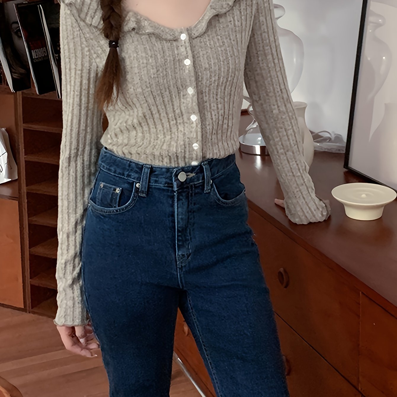 Antmvs Solid Button Down Slim Knit Cardigan, Casual Collared Lettuce Trim Long Sleeve Thin Top, Women's Clothing