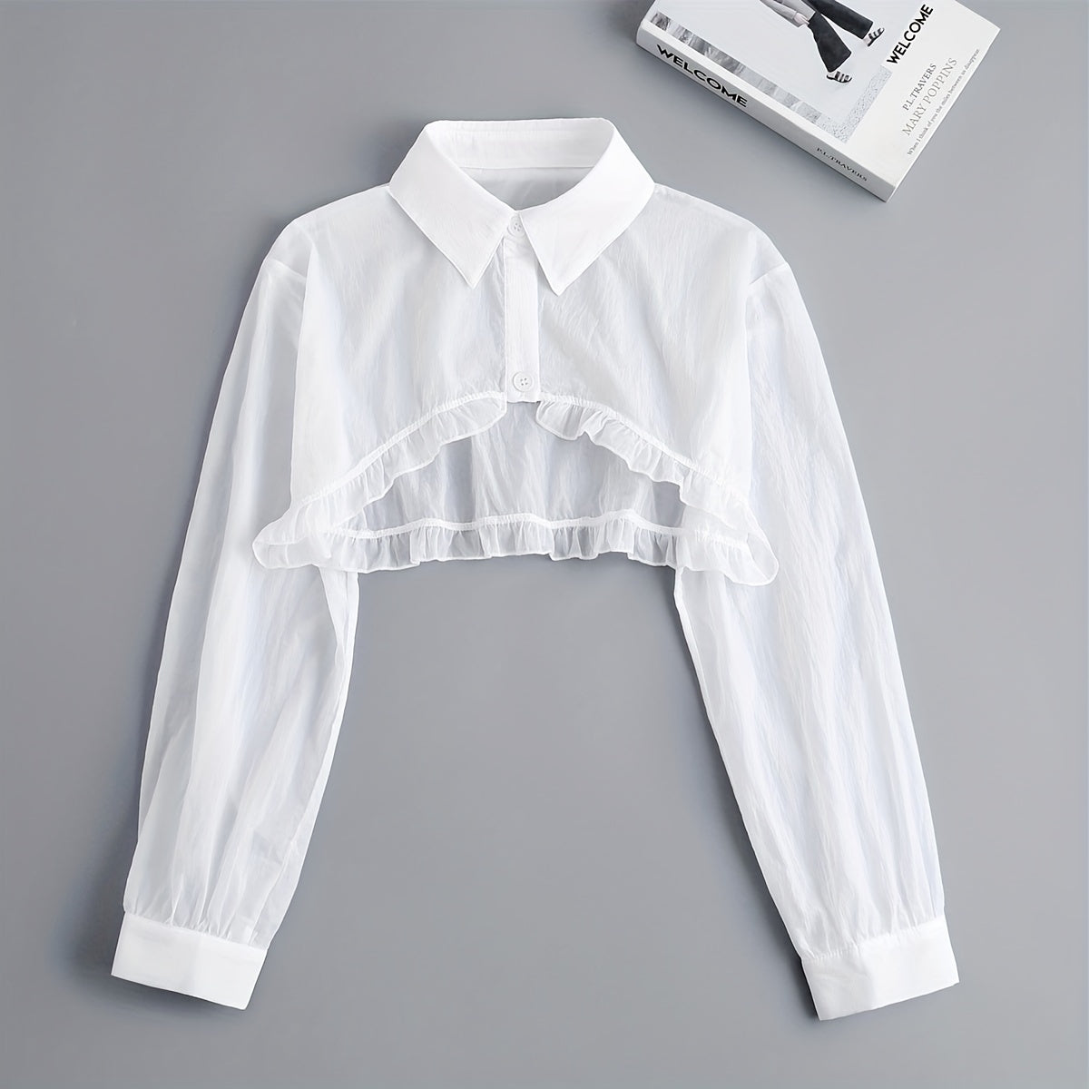 Antmvs Women's White Gauze Fake Collar With Long Sleeves Simple Solid Color Half Shirt Dickey Collar Summer Sun Protection Decoration False Collar