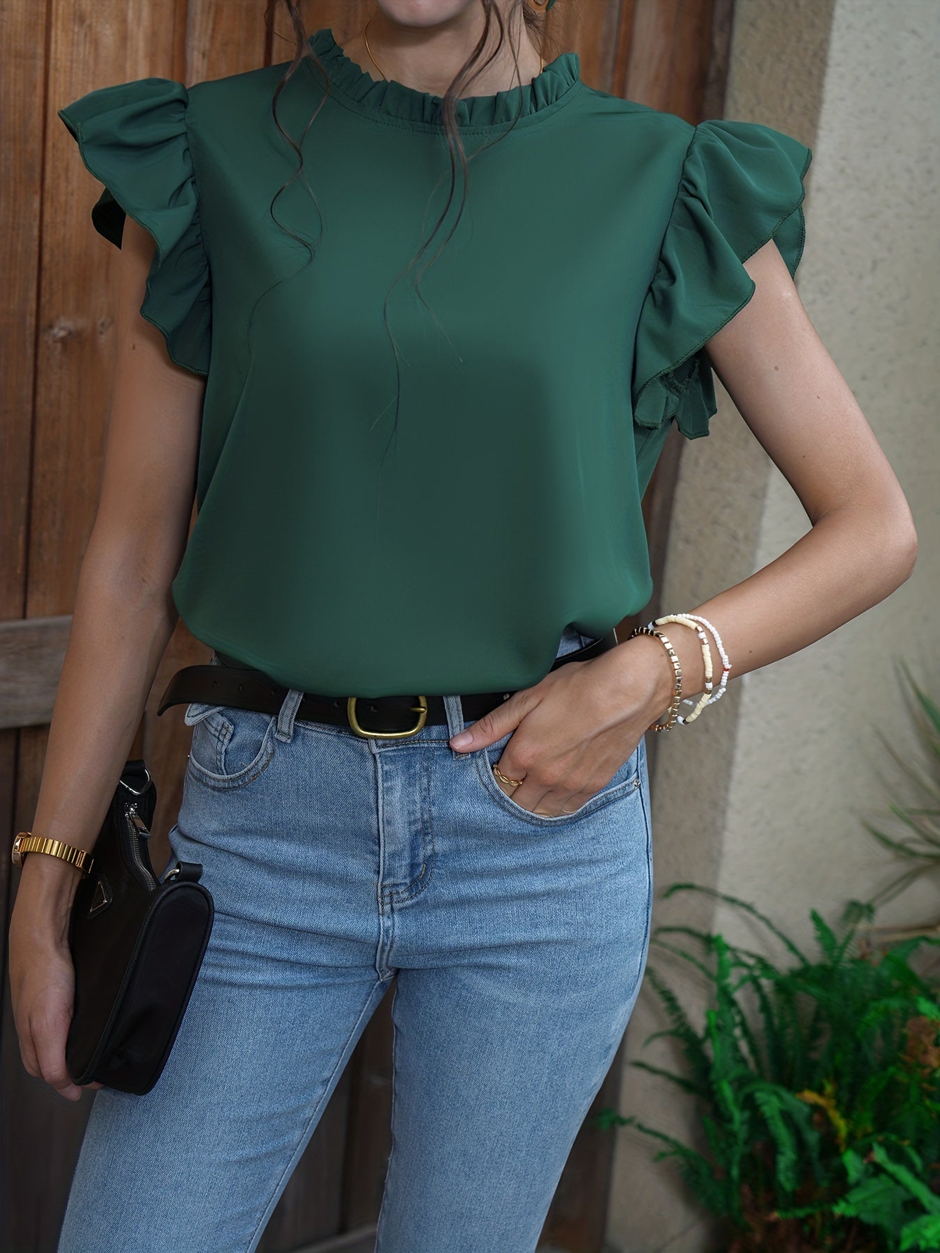 Antmvs Solid Color Round Neck Blouse, Casual Flutter Sleeve Blouse For Spring & Summmer, Women's Clothing