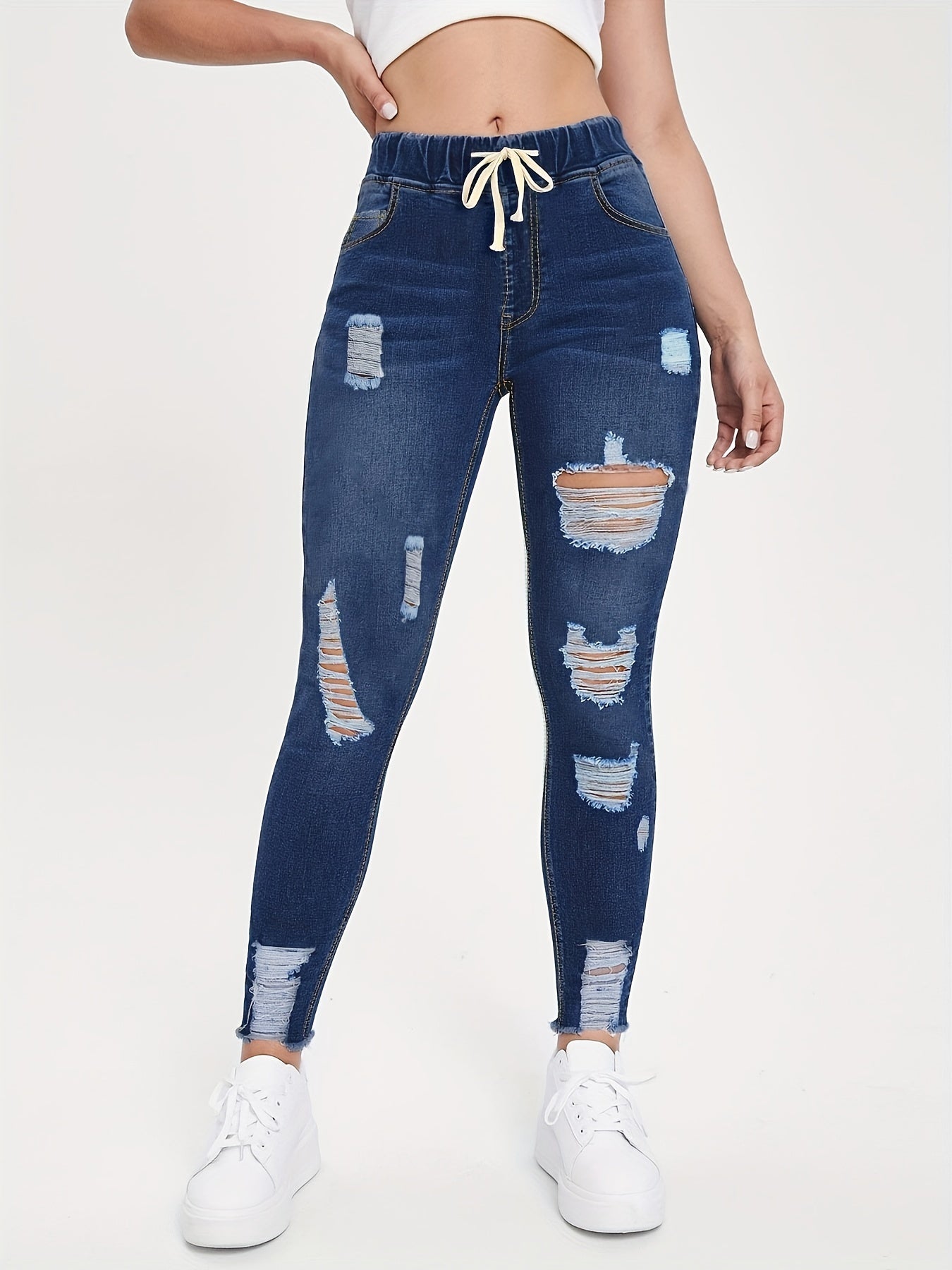 Antmvs Raw Hem Ripped Mom Jeans, Elastic Waistband Distressed Slash Pockets Denim Pants, Women's Denim Jeans & Clothing