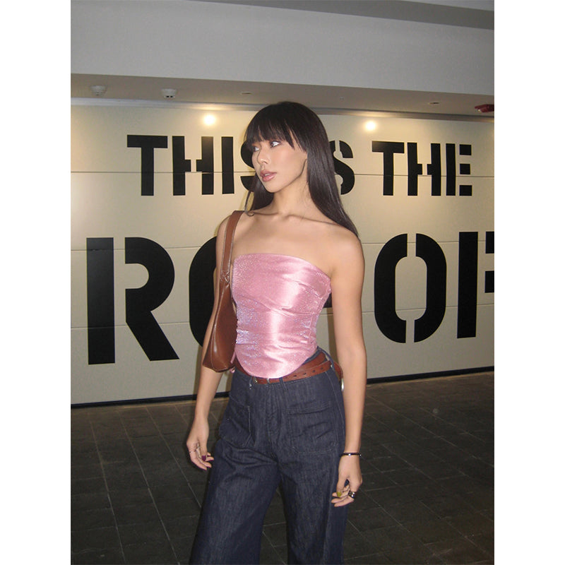 Antmvs Barbie Pink Shiny Pearlescent Fine Shewing Side Ties Irregular Pleated Sleeveless Bandeau Short Cropped Lace Up Top