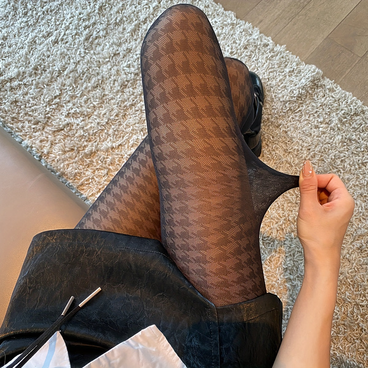 Antmvs Houndstooth Black Pantyhose, High Waist Semi-Sheer Footed Pantyhose, Women's Stockings & Hosiery