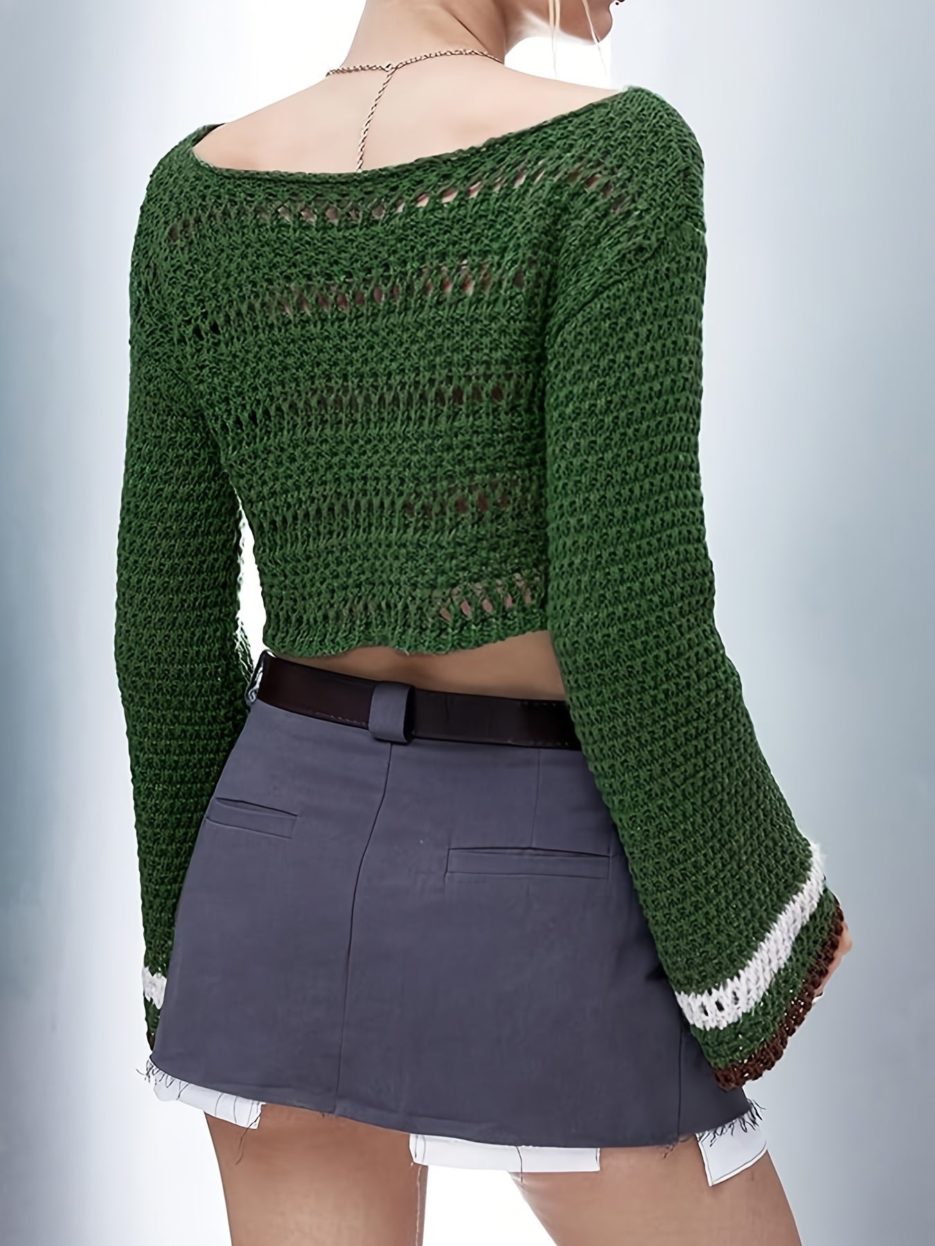 Antmvs Striped Hollow Out Knitted Coverup, Casual Long Sleeve Beach Crop Top For Spring & Summer, Women's Clothing