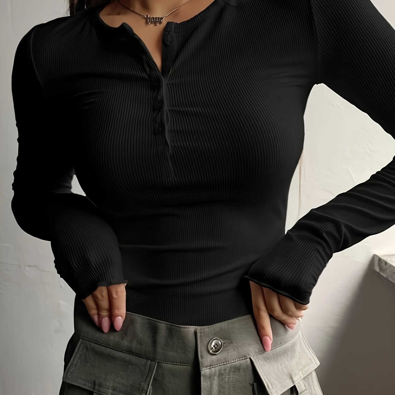 Antmvs Ribbed Button Front T-Shirt, Casual Long Sleeve Top For Spring & Fall, Women's Clothing