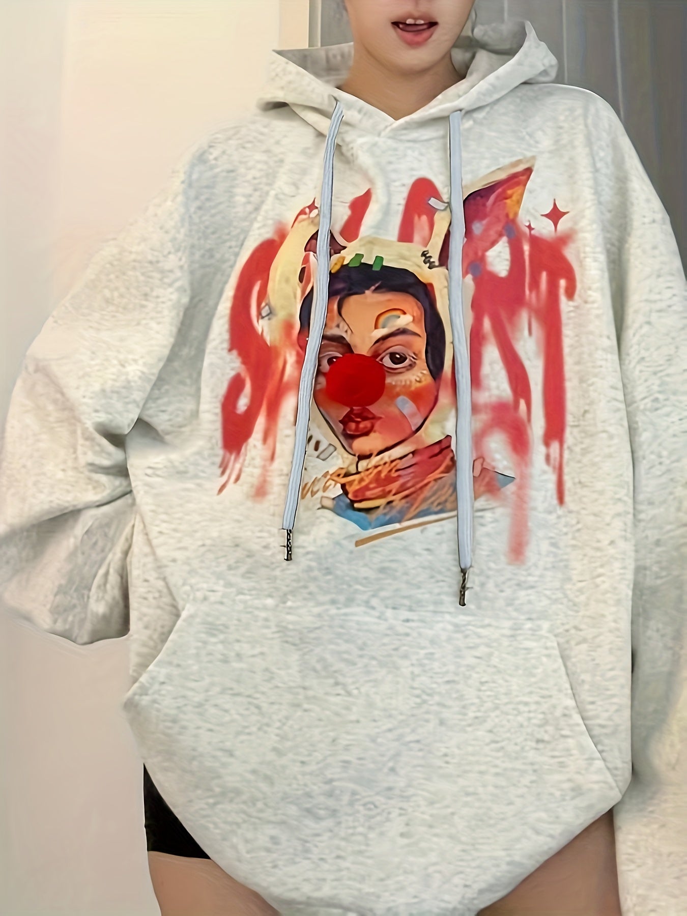 Antmvs Graphic Print Drawstring Hoodie, Vintage Long Sleeve Drop Shoulder Hoodie, Women's Clothing