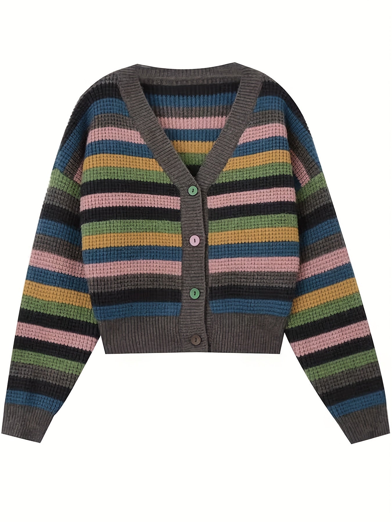 Antmvs Striped Button Down Knit Cardigan, Vintage V Neck Long Sleeve Sweater, Women's Clothing