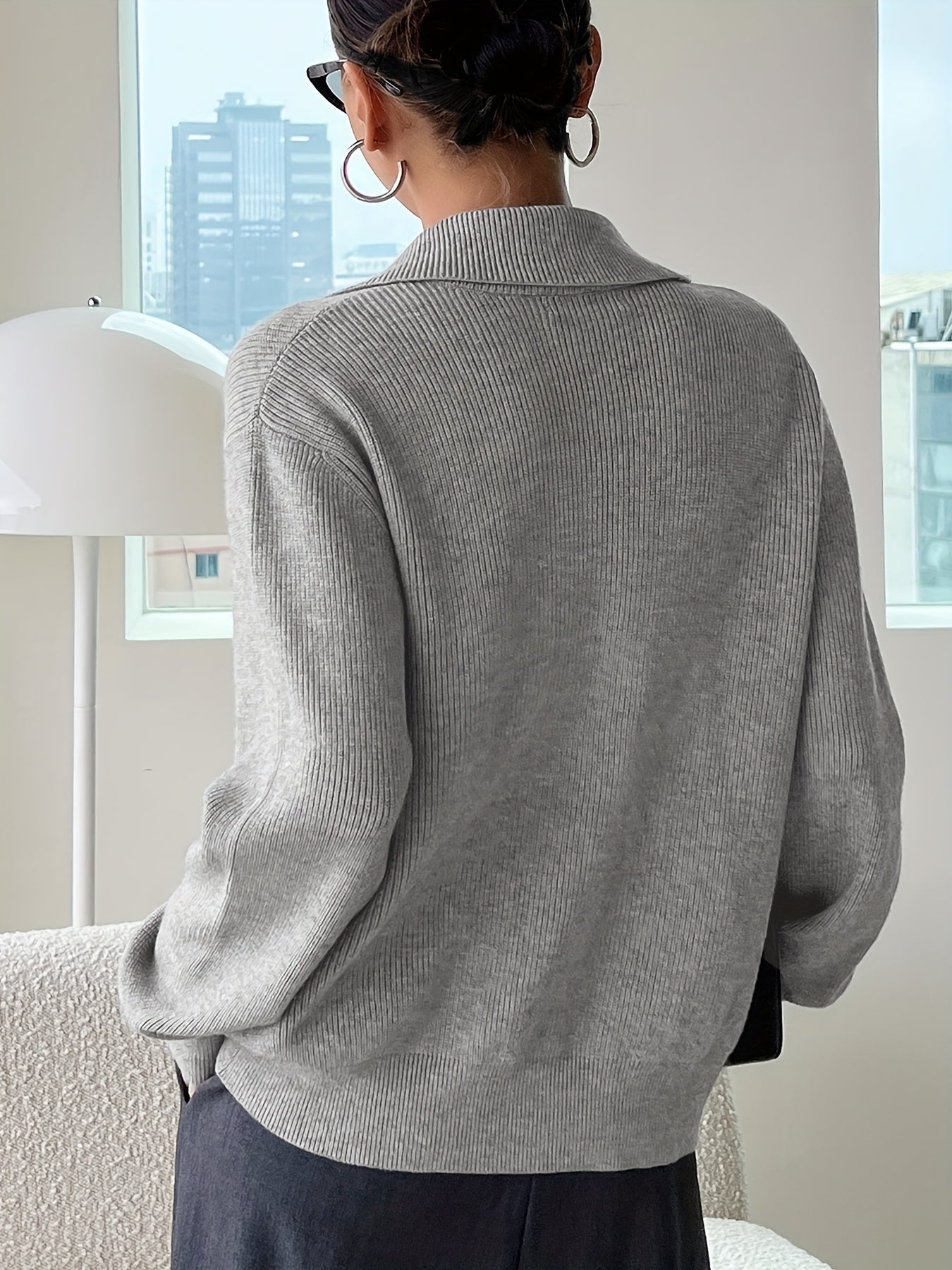 Antmvs Y2K Solid Zip Up Cardigan, Turndown Collar Long Sleeve Sweater For Fall & Winter, Women's Clothing