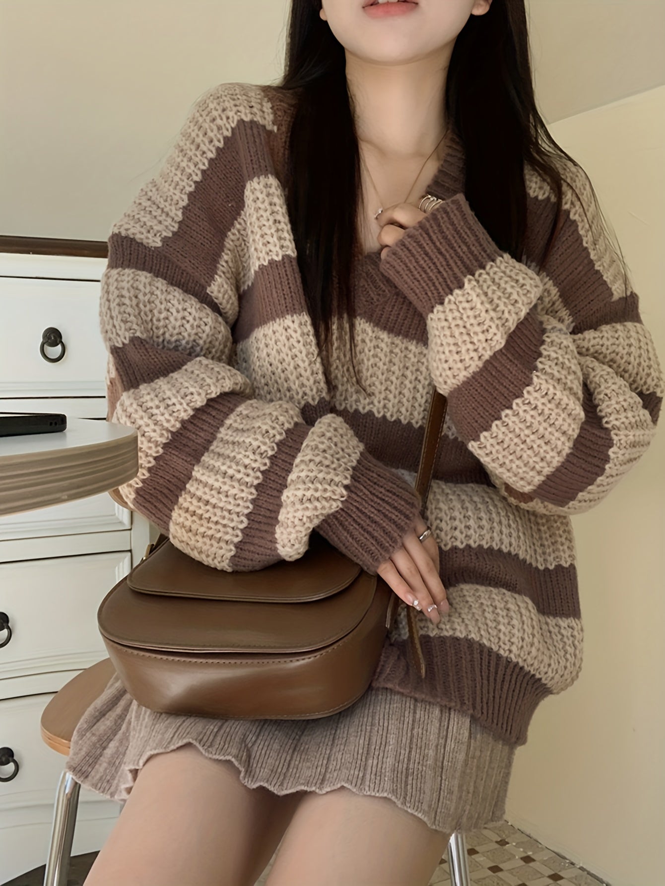 Antmvs Striped V Neck Pullover Sweater, Casual Long Sleeve Drop Shoulder Sweater, Women's Clothing