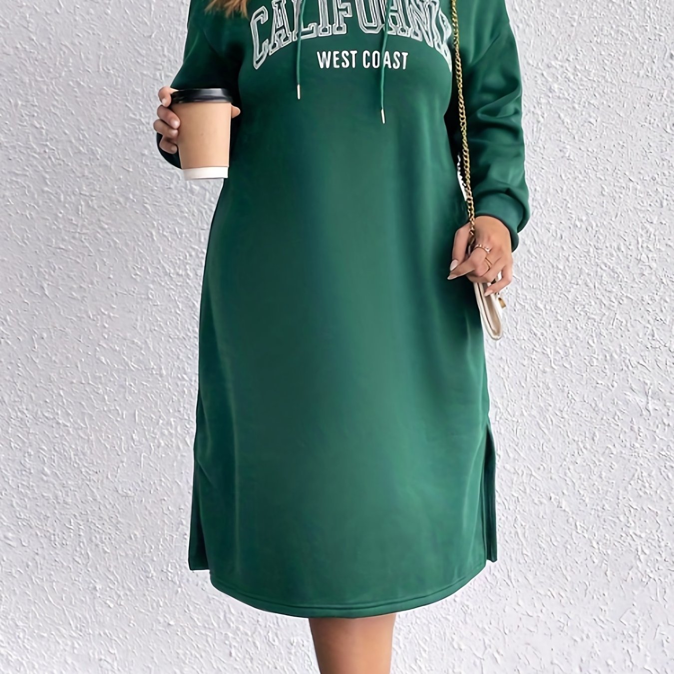 Antmvs Plus Size Casual Hoodie Dress, Women's Plus Letter Print Long Sleeve Drawstring Split Hoodie Dress