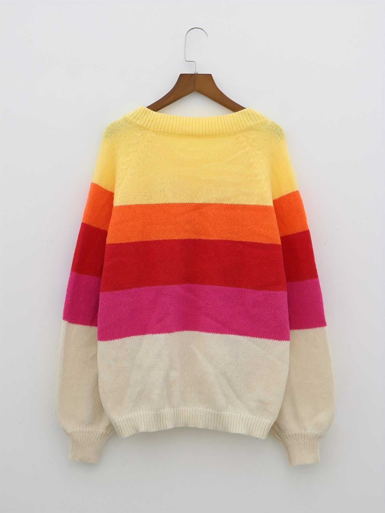 Antmvs Plus Size Casual Sweater, Women's Plus Colorblock Stripe Print Lantern Sleeve V Neck Jumper