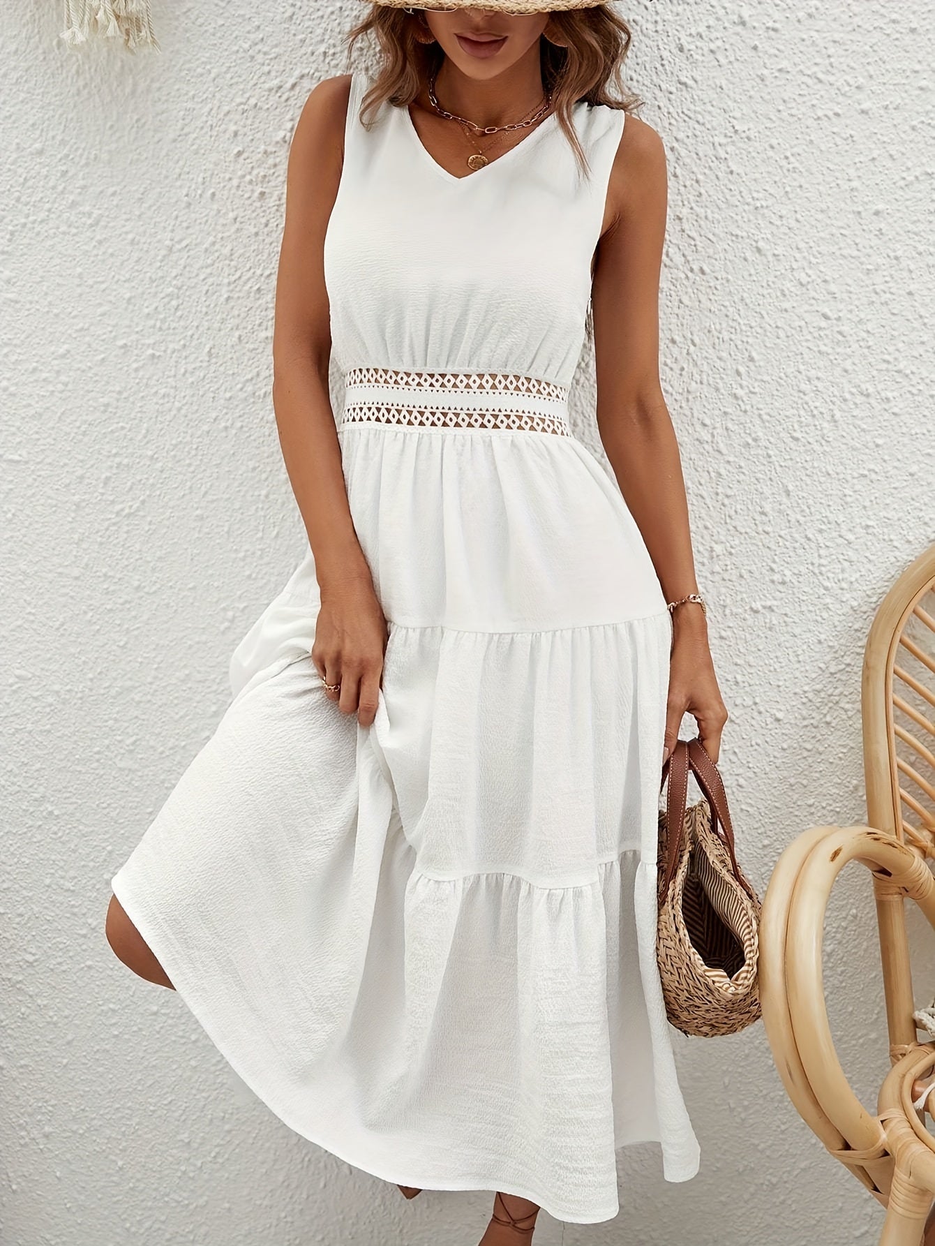 Antmvs Tie Back Solid Midi Dress, Casual V Neck Sleeveless Tiered Dress, Women's Clothing