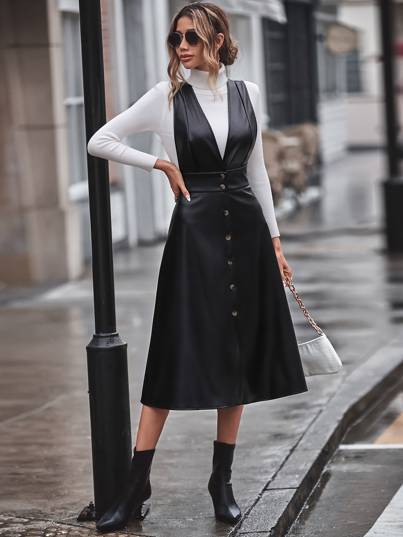 Antmvs Faux Leather Button Decor Dress, Stylish Plunge Neck A-line Dress, Women's Clothing
